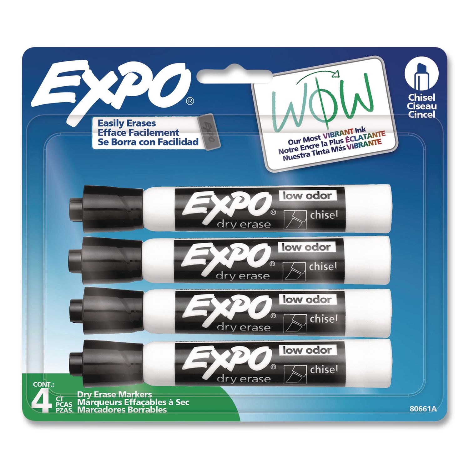 Dry Erase Marker, Chisel Tip, Black, 4/Pack