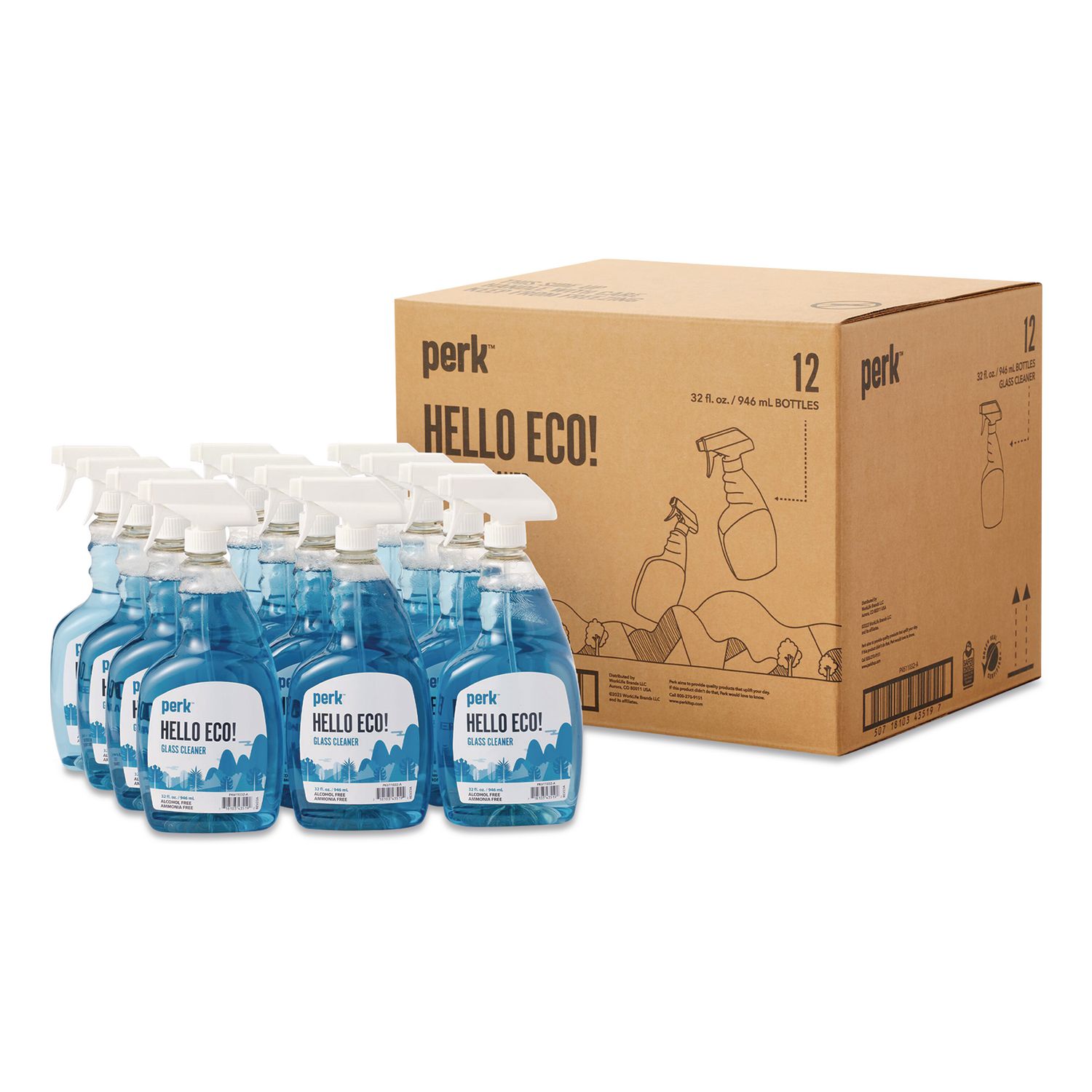 Hello Eco Glass Cleaner, 32 oz Spray Bottle, 12/Carton