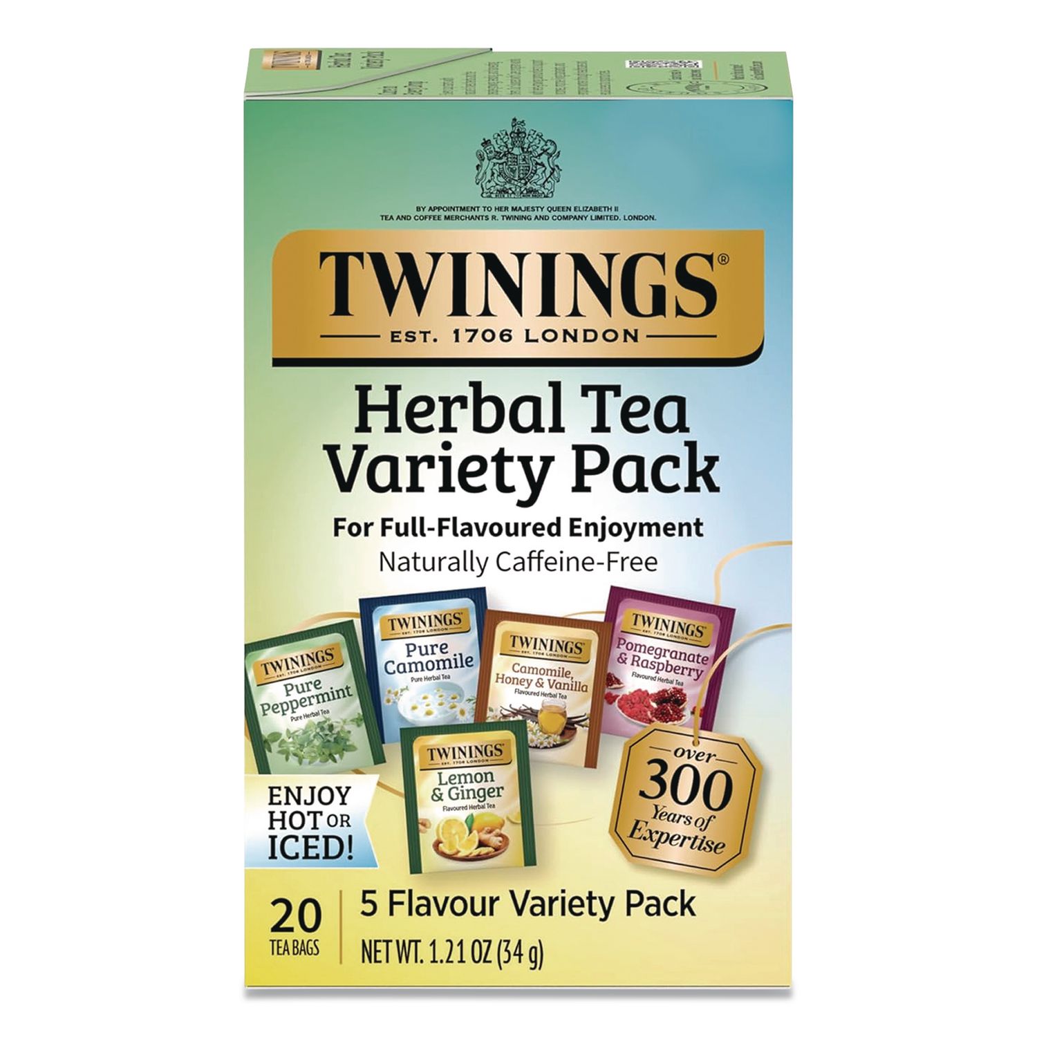 Caffeine-Free Herbal Tea Bags Variety Pack, Individually Wrapped, Four Flavors, 0.06 oz Tea Bag, 20/Box