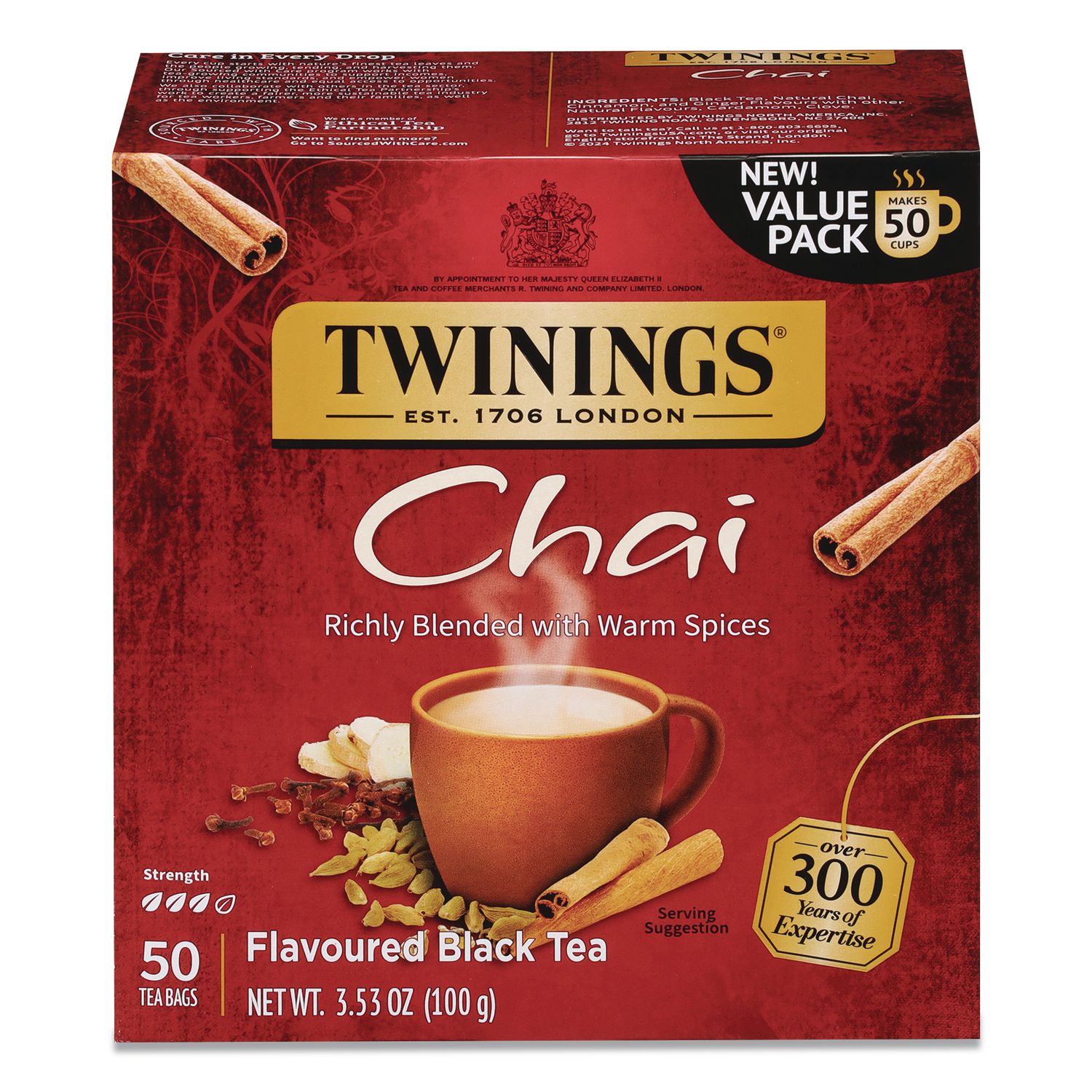 Tea Bags, Chai Black Tea, 0.07 oz Tea Bag, 50/Box