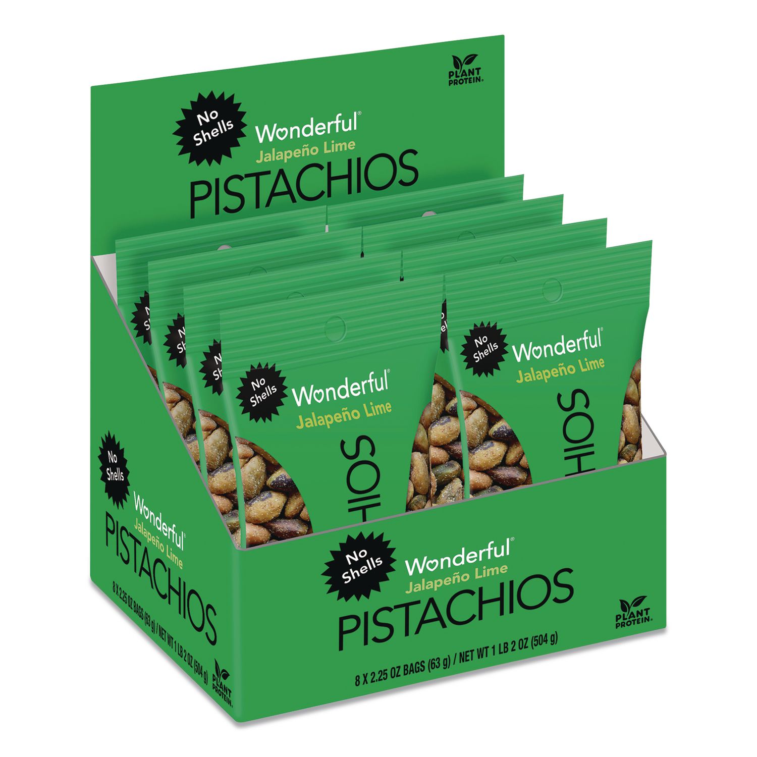 Wonderful No Shells Pistachios, Jalapeno Lime, 2.25 oz Pouch, 8/Box
