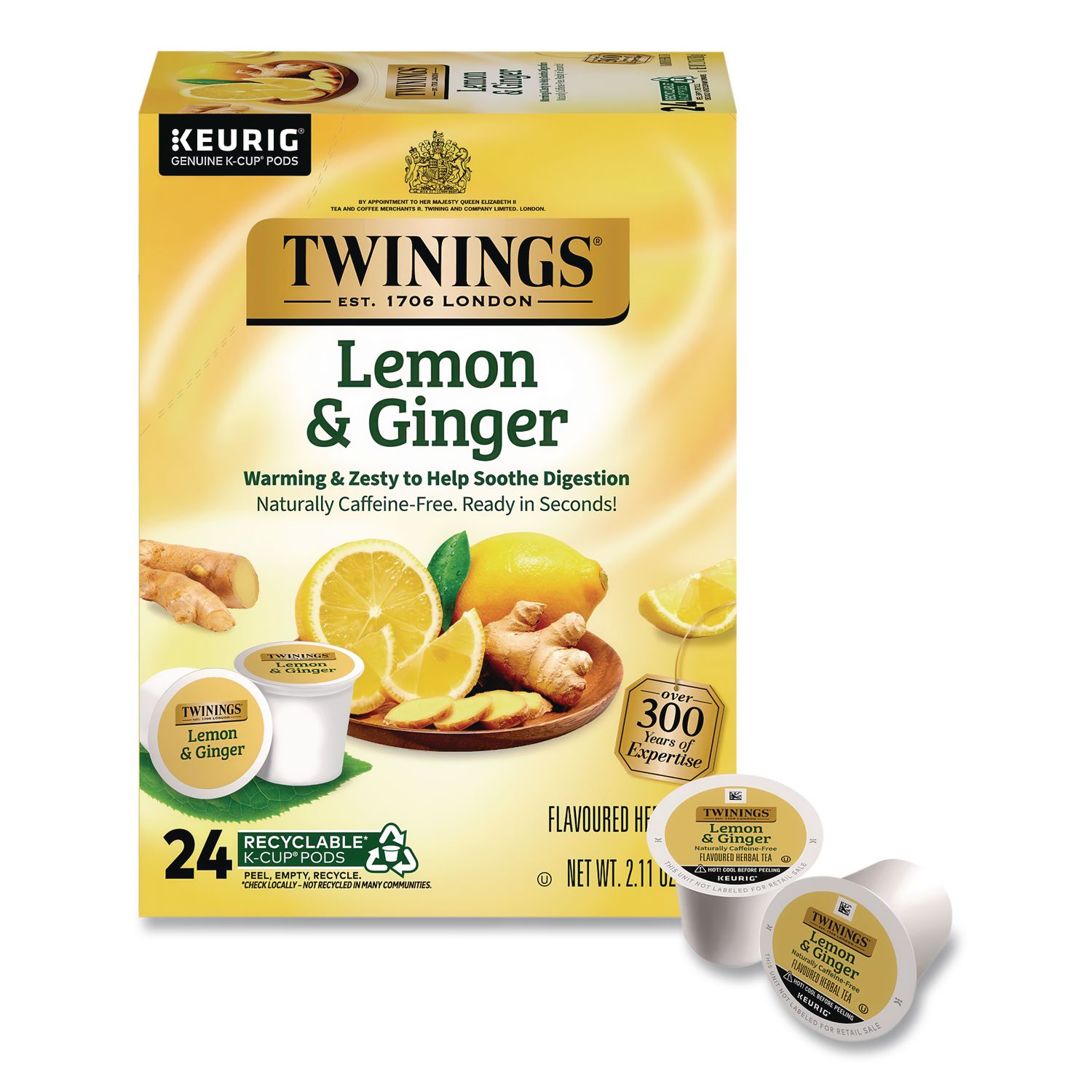 Tea K-Cups, Lemon Ginger, 0.11 oz K-Cups, 24/Box