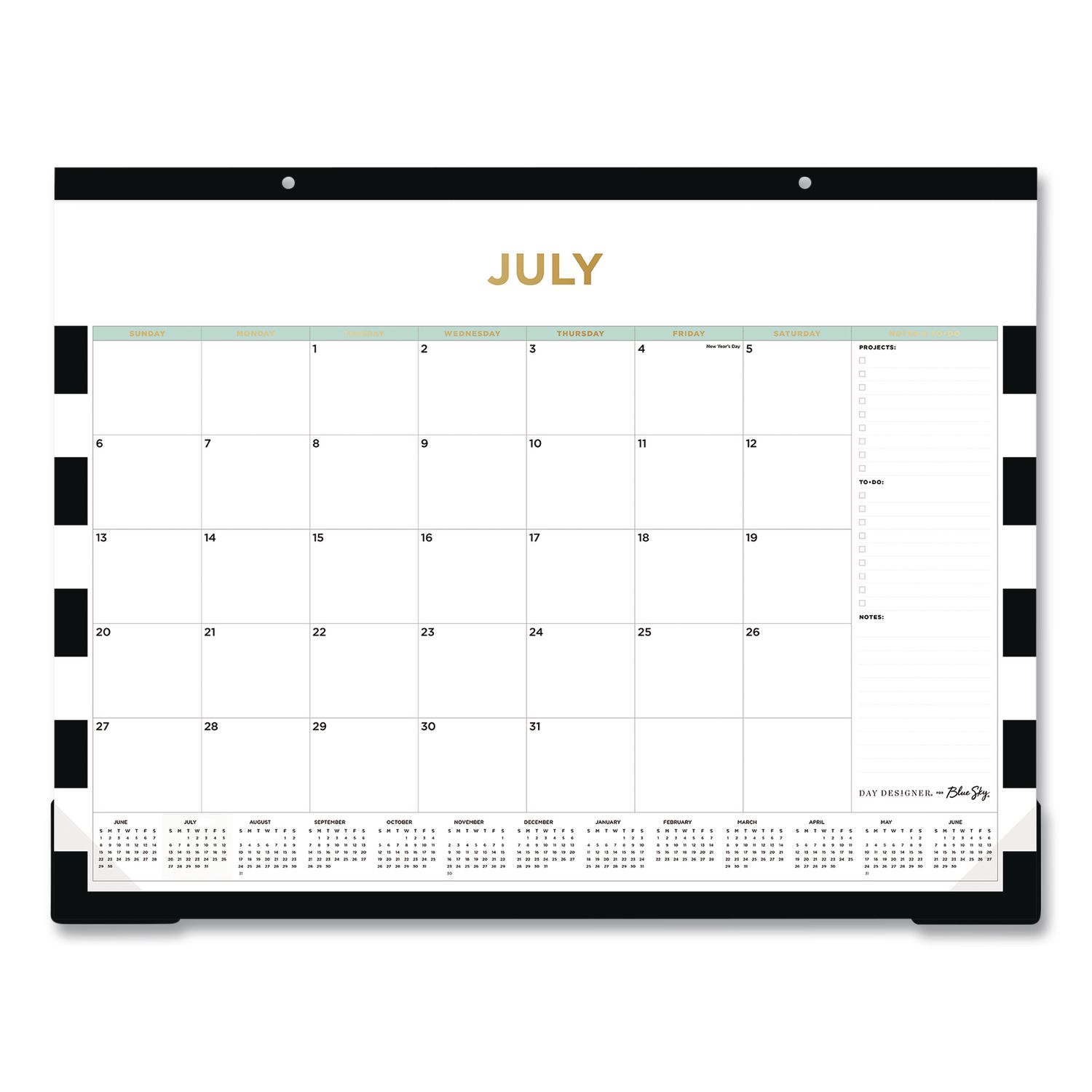 Day Designer Rugby Stripe Academic Desk Pad Calendar, 22 x 17, White/Black/Gold Sheets, 12-Month: July 2025 to June 2026