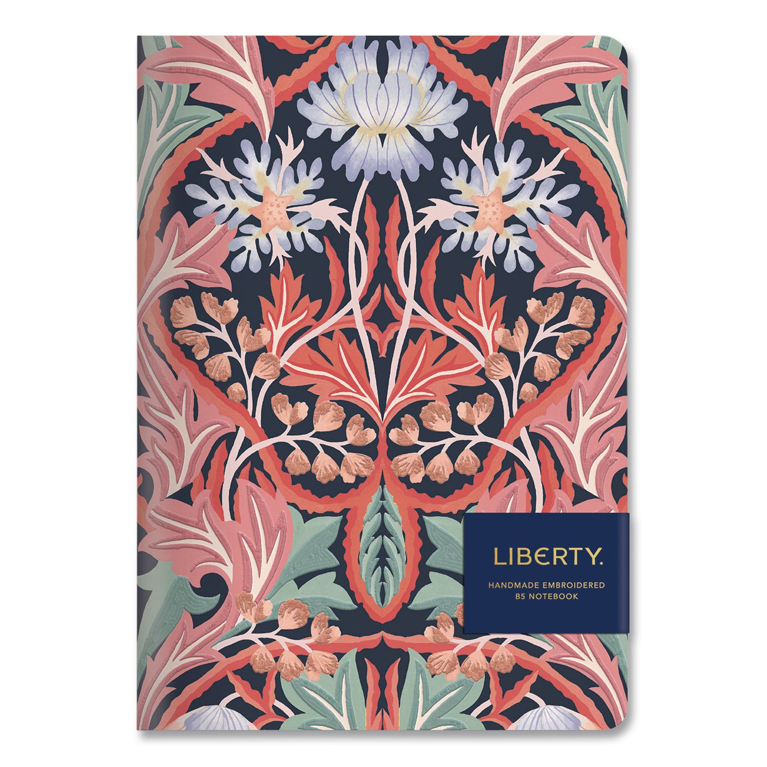 Liberty London Embroidered Cover Journal, Floral Artwork, Medium/College Rule, Green/Pink/White Cover, (50) 10 x 7 Sheets