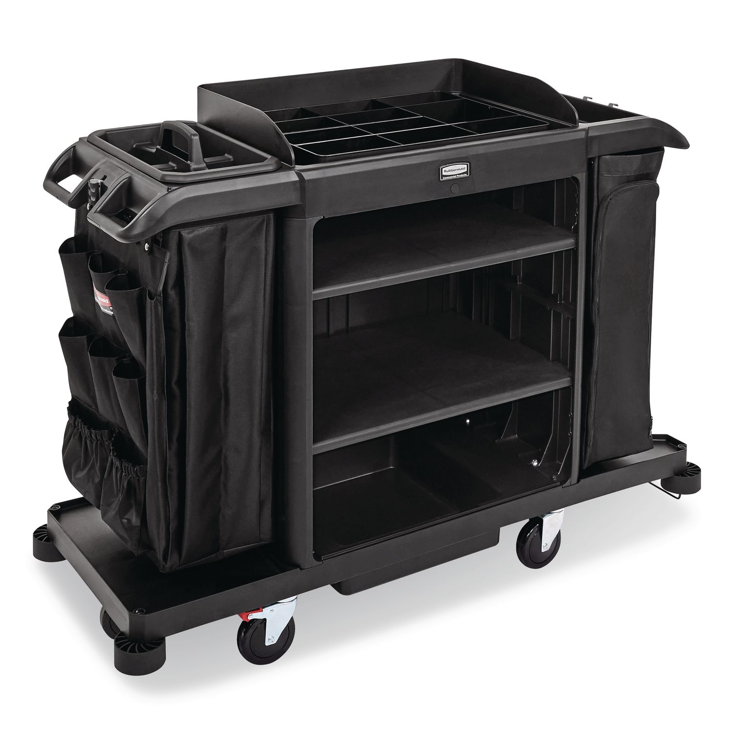 Full Size Housekeeping Cart with Accessory Bundle, Resin, 3 Shelves, 2 Bins, 24.4 x 62.4 x 49, Black