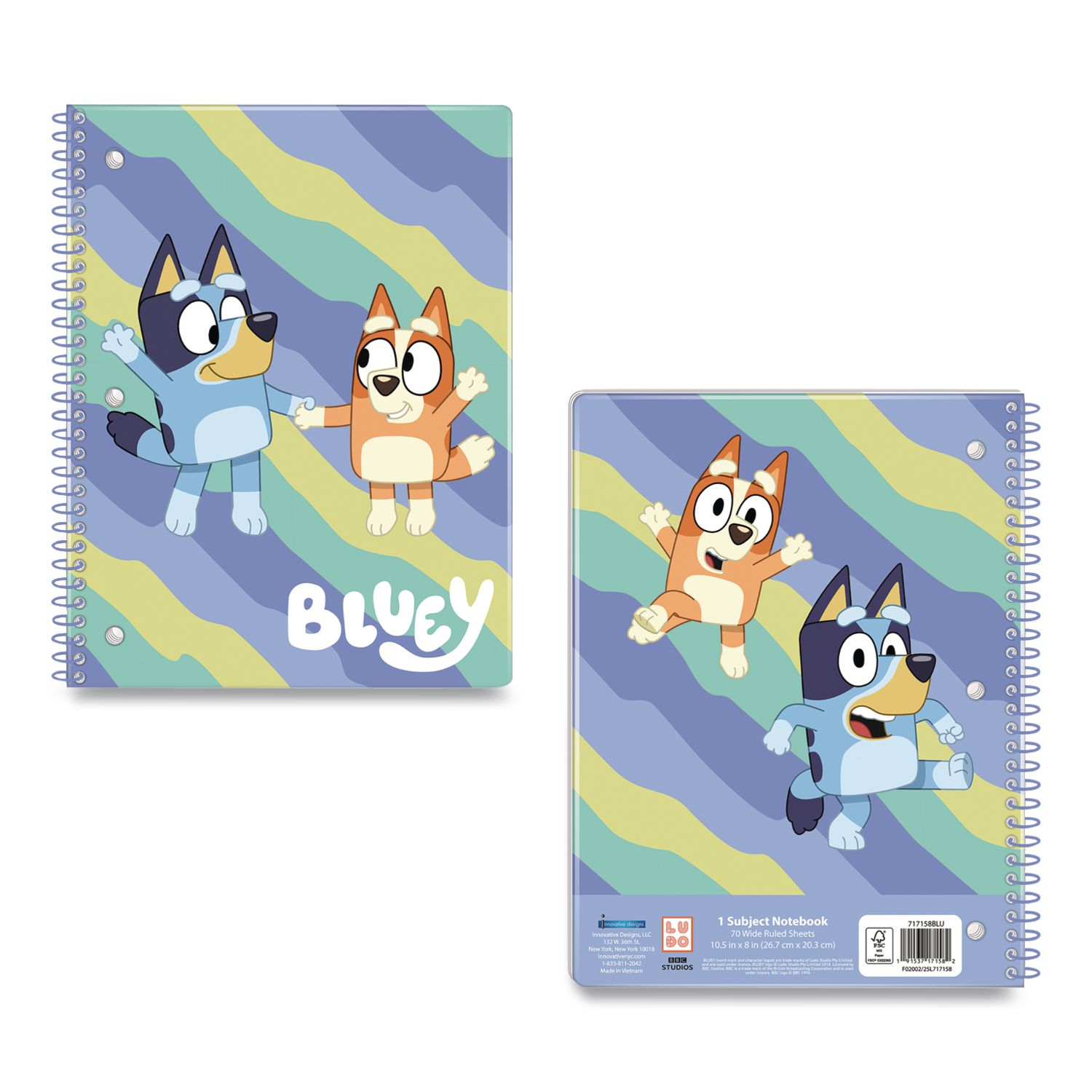 Licensed Spiral Notebook, Bluey and Bingo, 1-Subject, Wide/Legal Rule, Multicolor Cover, (70) 10.5 x 8 Sheets