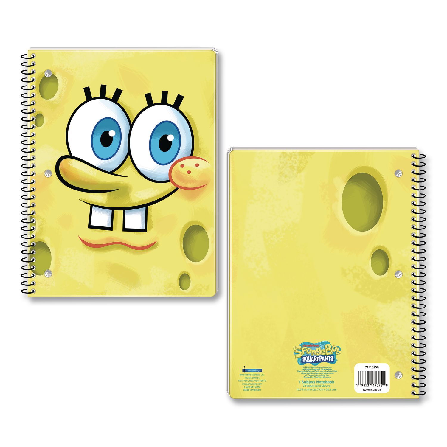 Licensed Spiral Notebook, Spongebob, 1-Subject, Wide/Legal Rule, Multicolor Cover, (70) 10.5 x 8 Sheets