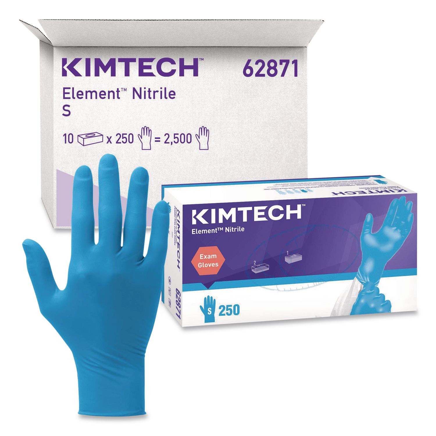 Element Nitrile Exam Gloves, Powder-Free, AQL 1.5, Small, 3.2 mil Thick, 9.3" Long, Blue, 250/Box, 10 Boxes/Carton