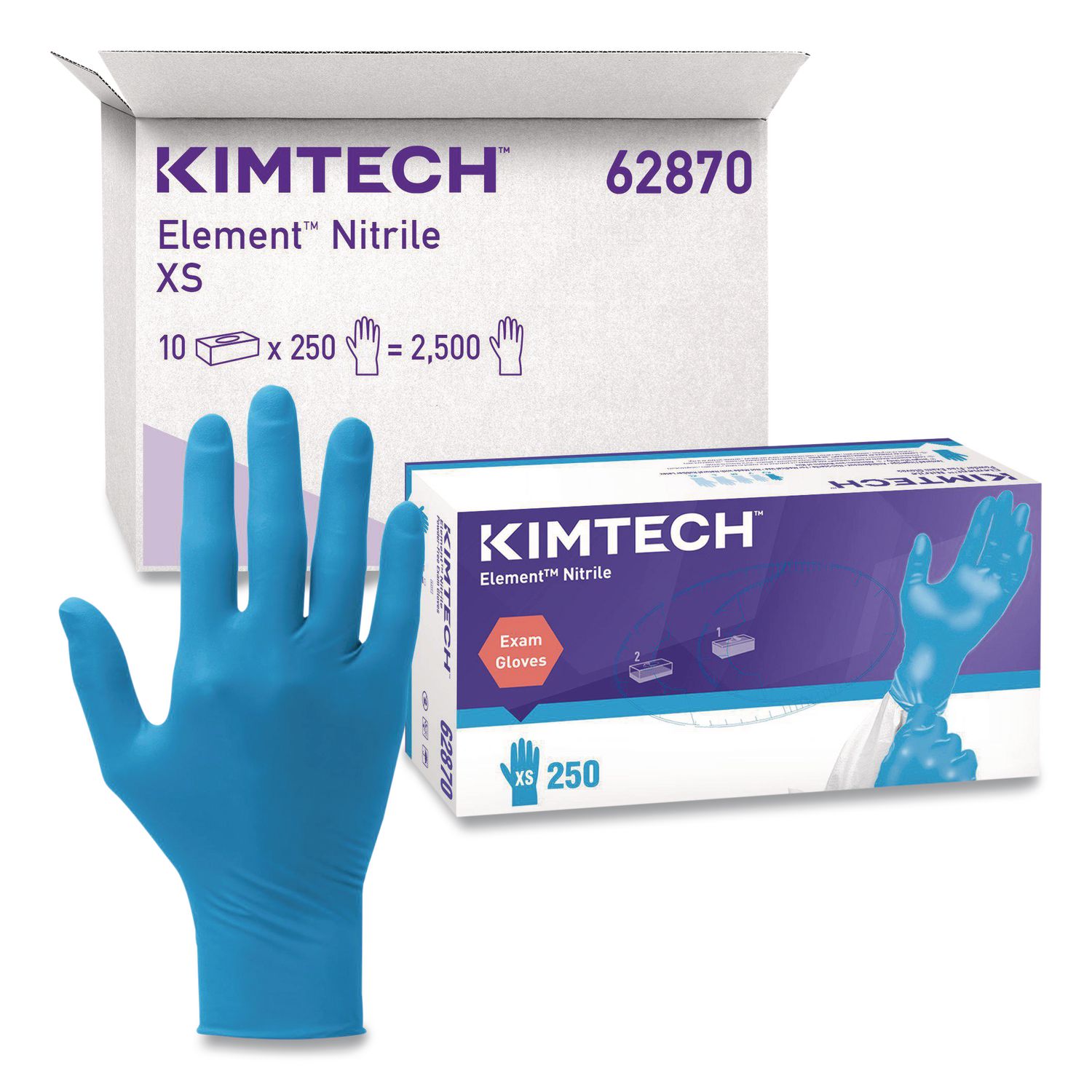 Element Nitrile Exam Gloves, Powder-Free, AQL 1.5, X-Small, 3.2 mil Thick, 9.3" Long, Blue, 250/Box, 10 Boxes/Carton