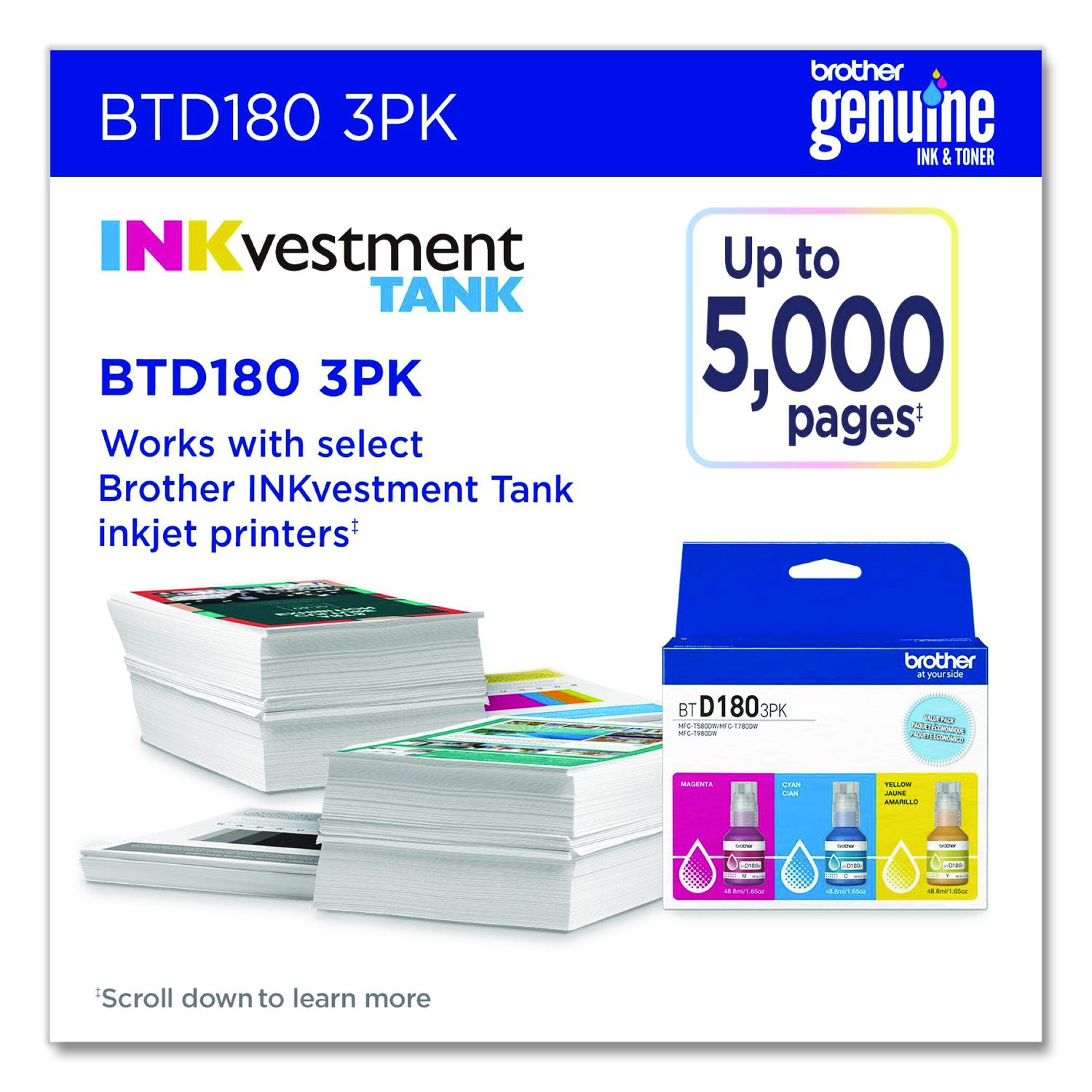 BTD180 INKvestment High-Yield Ink, 5,000 Page-Yield, Cyan/Magenta/Yellow, 3/Pack