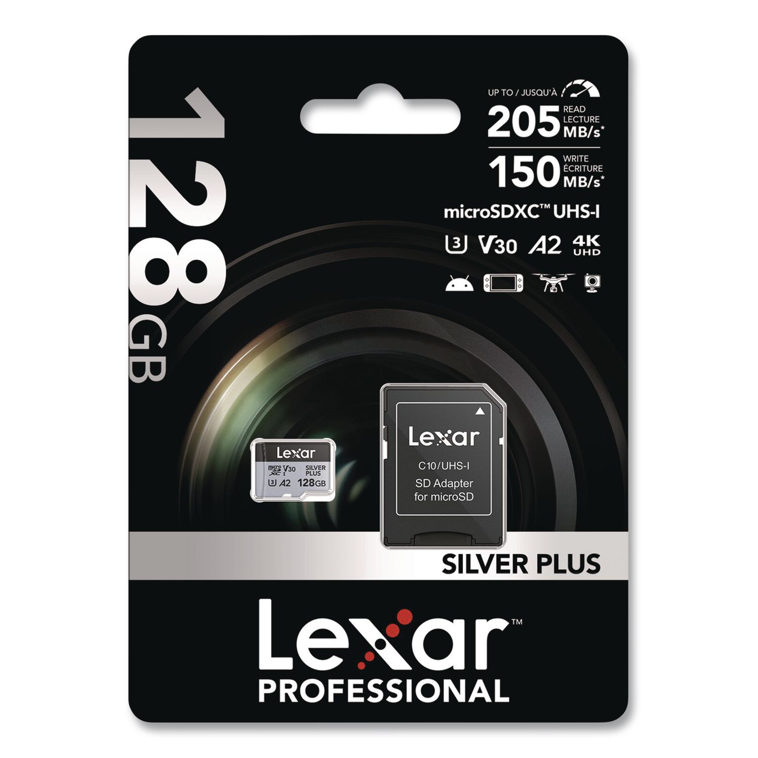 Professional SILVER Series microSDXC Memory Card with Adapter, UHS-I, V30 Class 10, 128 GB