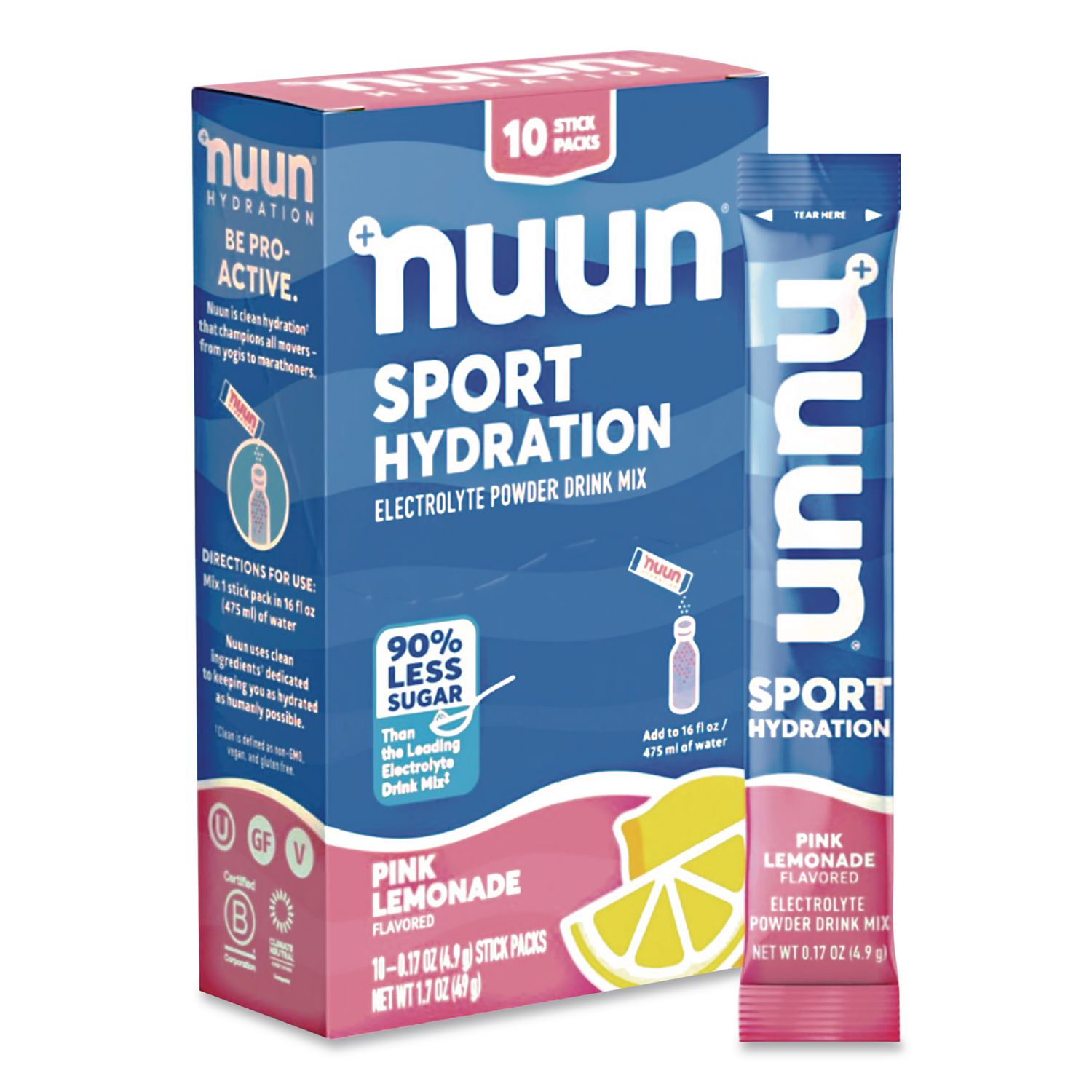 Sport Hydration Electrolyte Powder Drink Mix, Pink Lemonade, 0.17 oz Stick, 10/Box