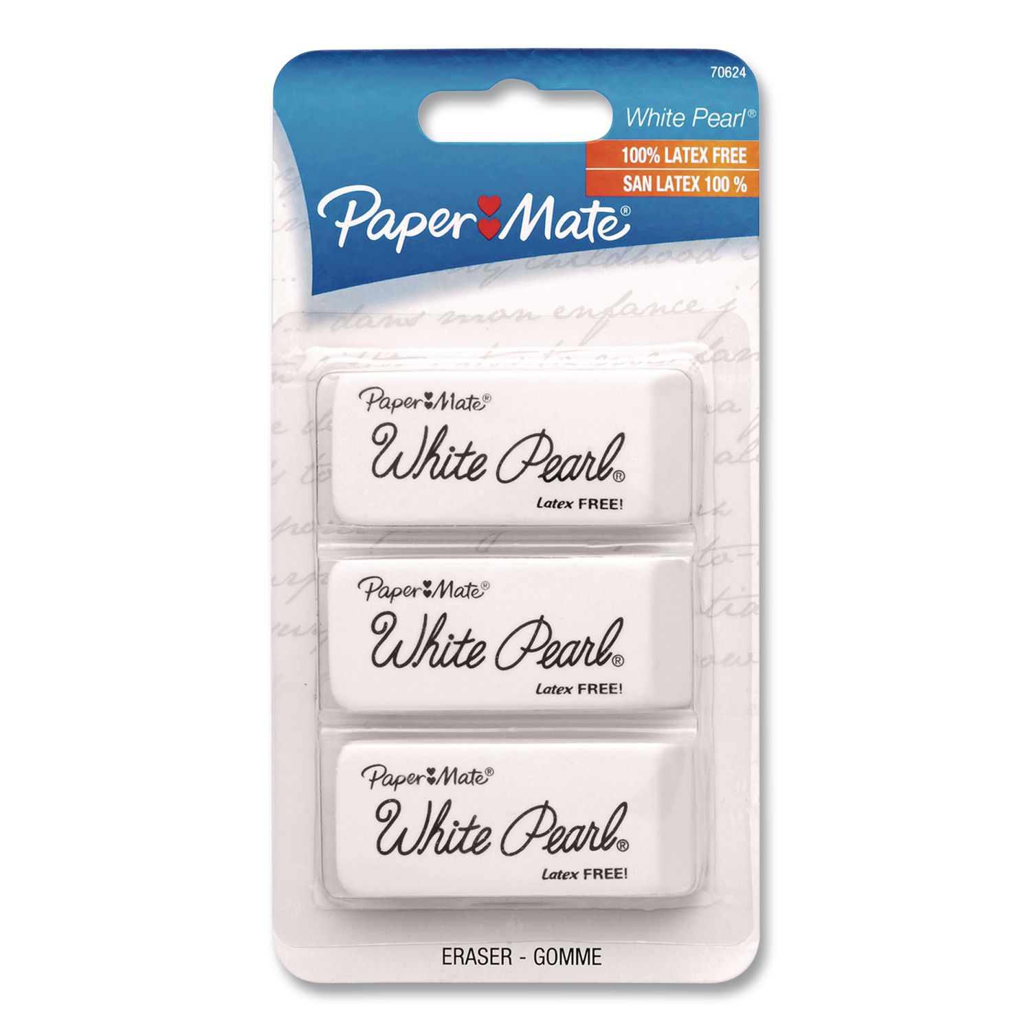 White Pearl Latex-Free Plastic Eraser, For Pencil Marks, Rectangular Block, White, 3/Pack