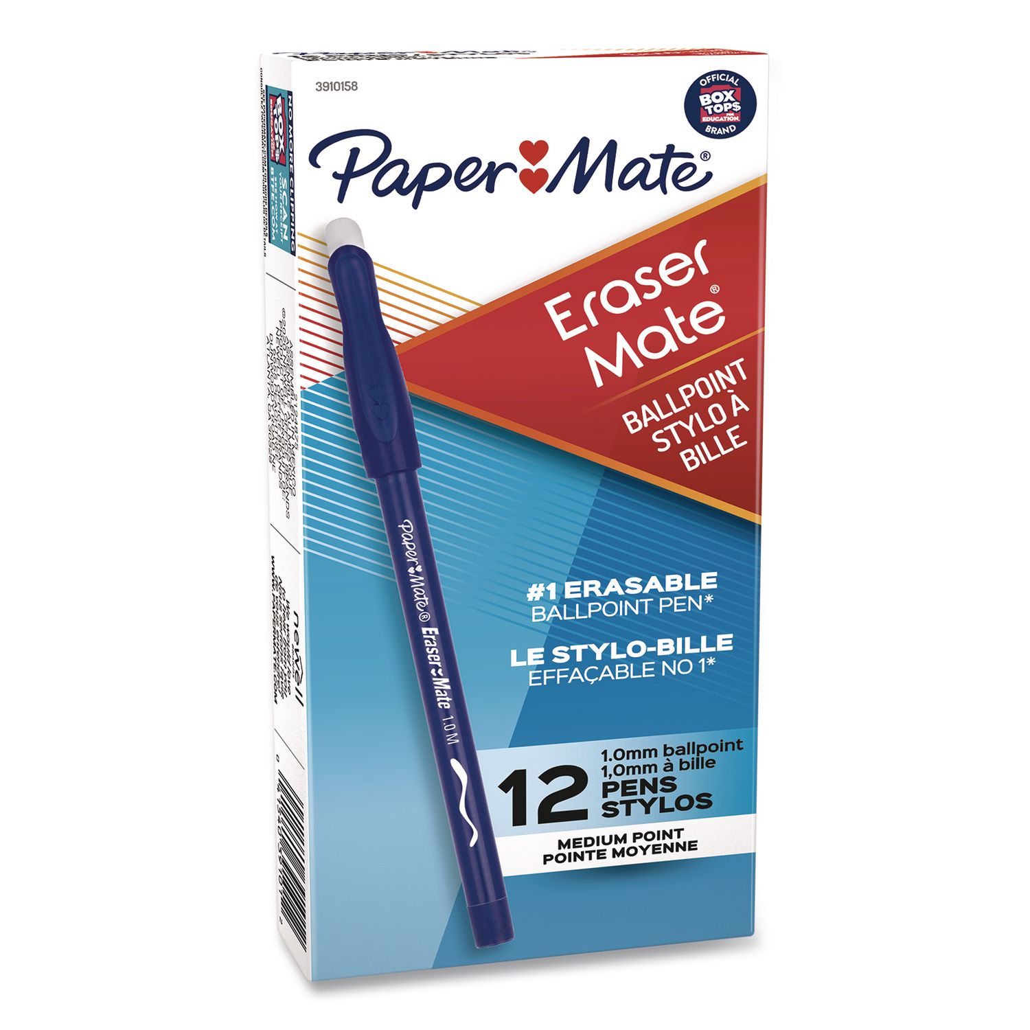 Eraser Mate Ballpoint Pen, Stick, Medium 1 mm, Blue Ink, Blue Barrel, Dozen