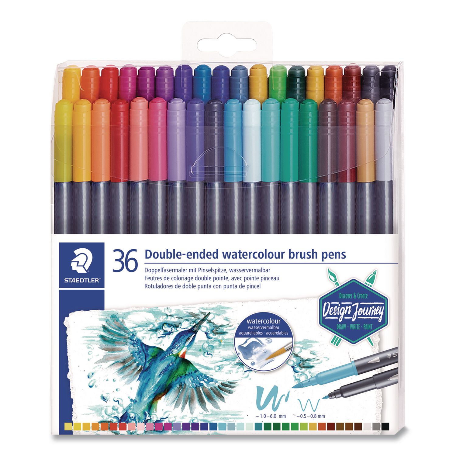 Double-Ended Watercolor Brush Pens, Fine (0.5 to 0.8 mm) and Medium (0.6 to 1 mm) Brush Tips, Assorted Colors, 36/Set