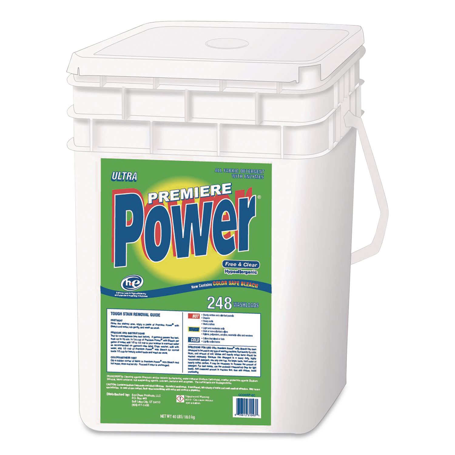 Premiere Power Laundry Detergent, HE Compatible, Free and Clear, 40 lb Pail
