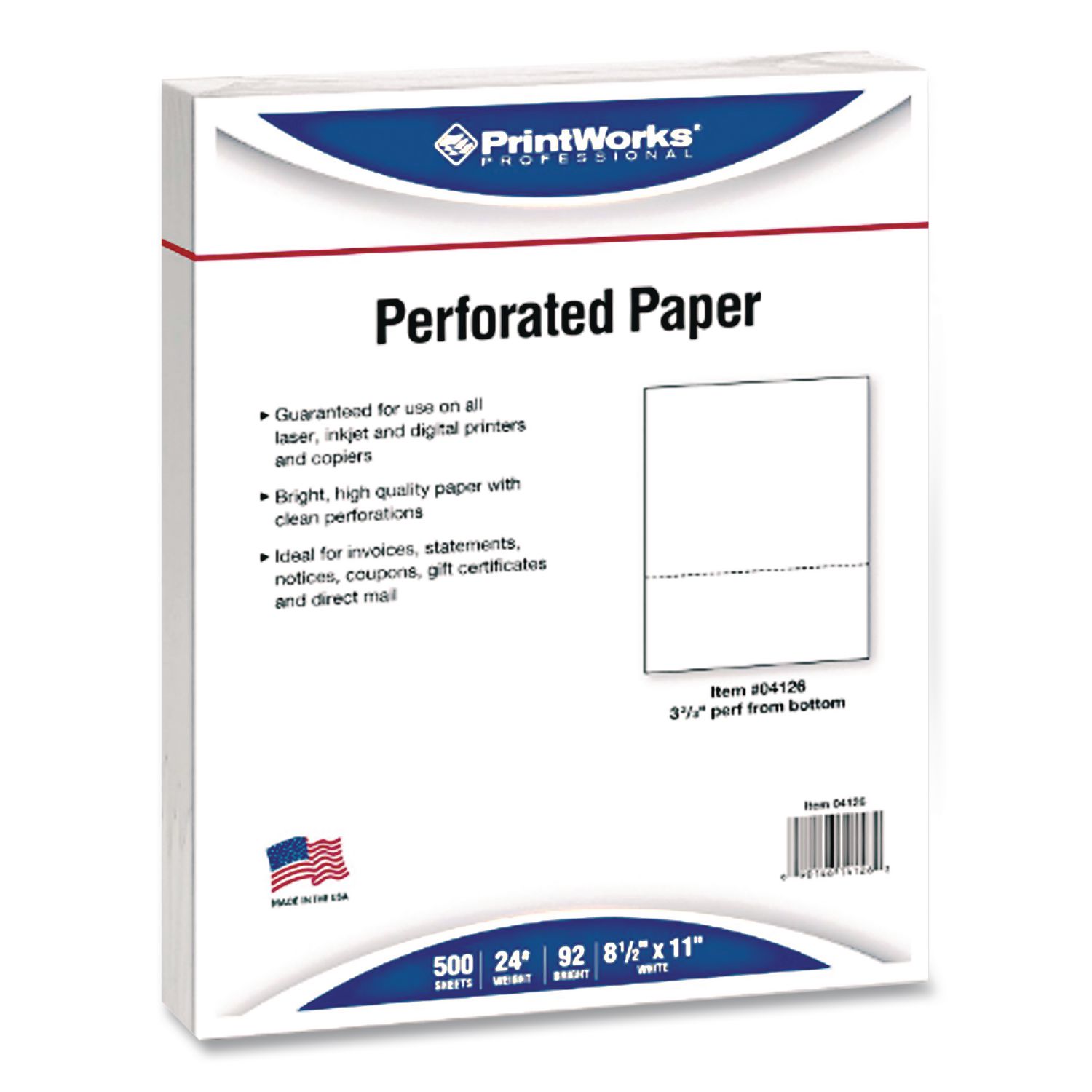 Perforated Paper, 92 Bright, Perforated 3.67 from Bottom, 24 lb Bond Weight, 8.5 x 11, White, 500 Sheets/Ream, 5 Reams/Carton