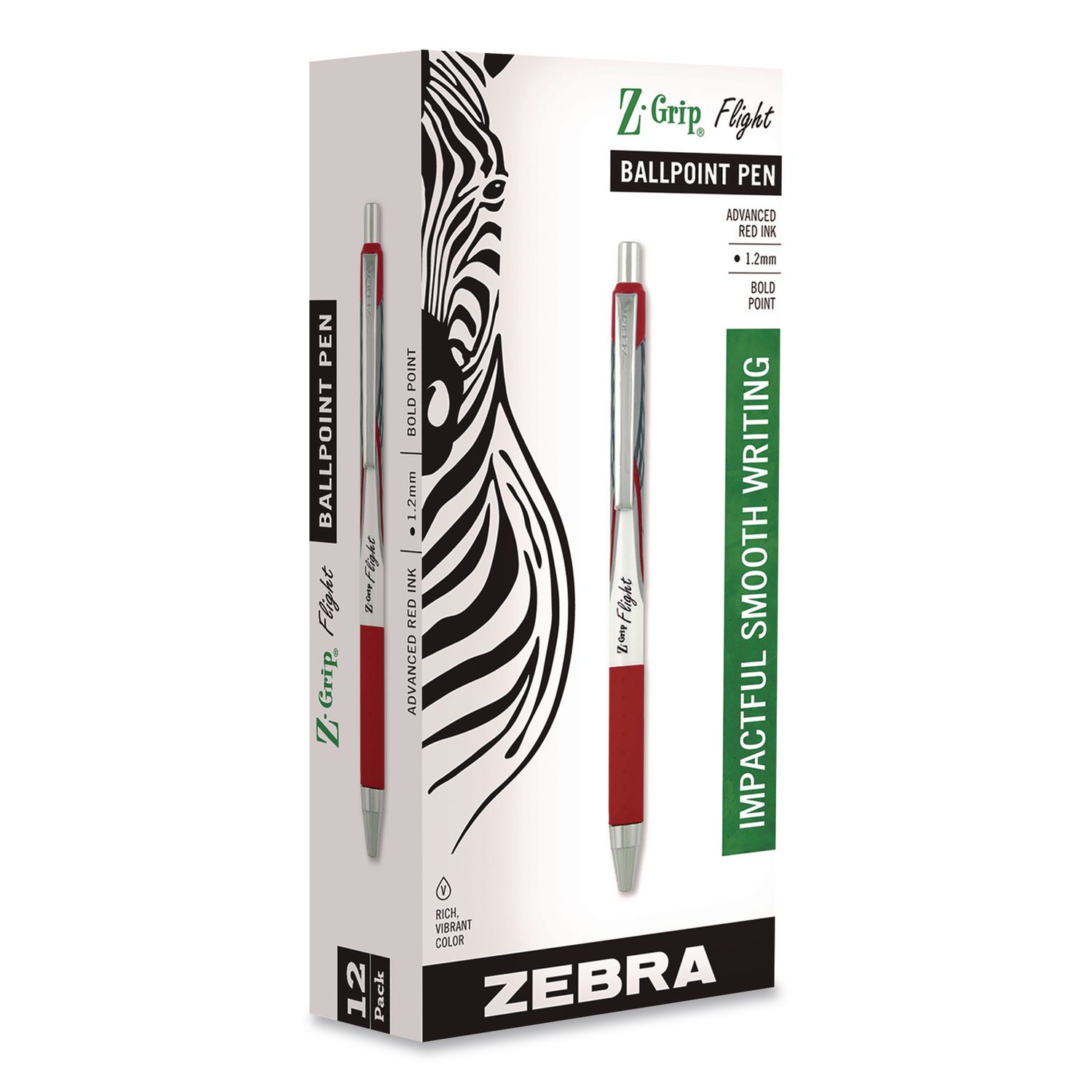 Z-Grip Flight Ballpoint Pen, Retractable, Bold 1.2 mm, Red Ink, Red/White/Silver Barrel, Dozen