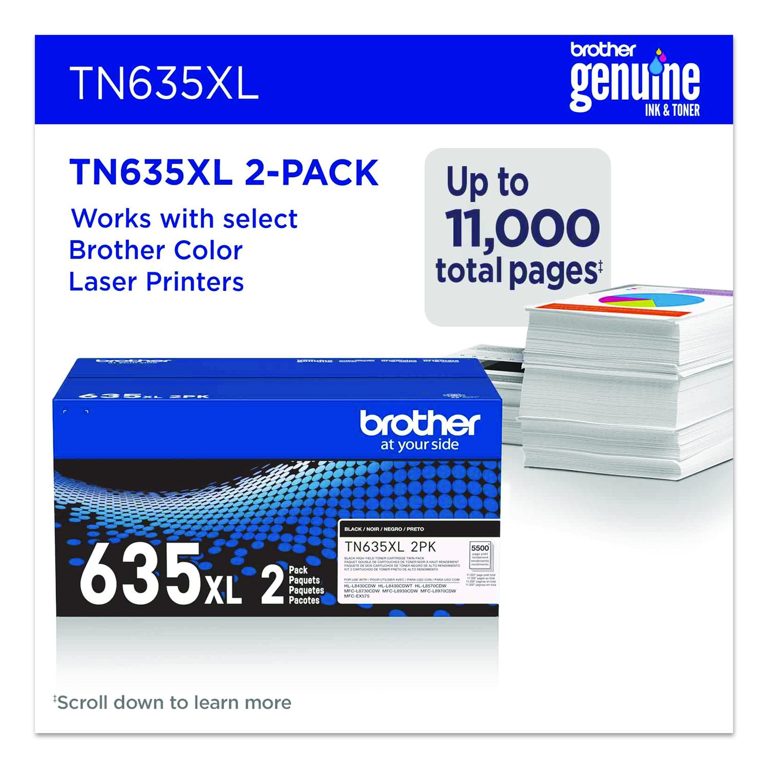 TN635XL High-Yield Toner, 7,500 Page-Yield, Black, 2/Pack