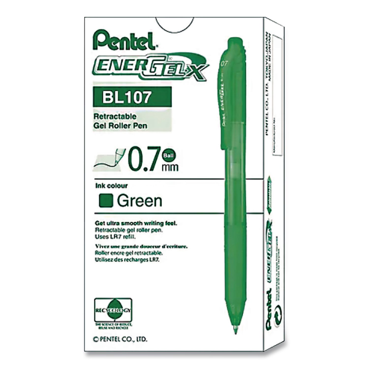 EnerGel-X Gel Pen, Retractable, Medium 0.7 mm, Green Ink, Translucent Green/Green Barrel, Dozen