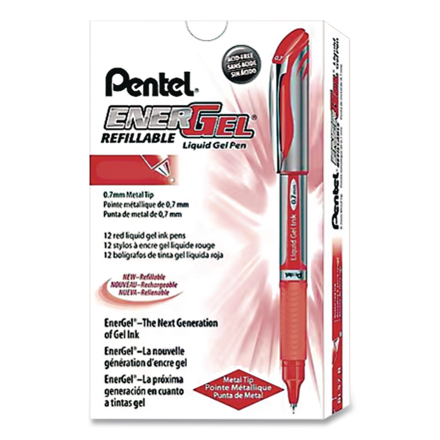 EnerGel Deluxe Gel Pen, Stick, Medium 0.7 mm, Red Ink, Silver/Red Barrel, Dozen
