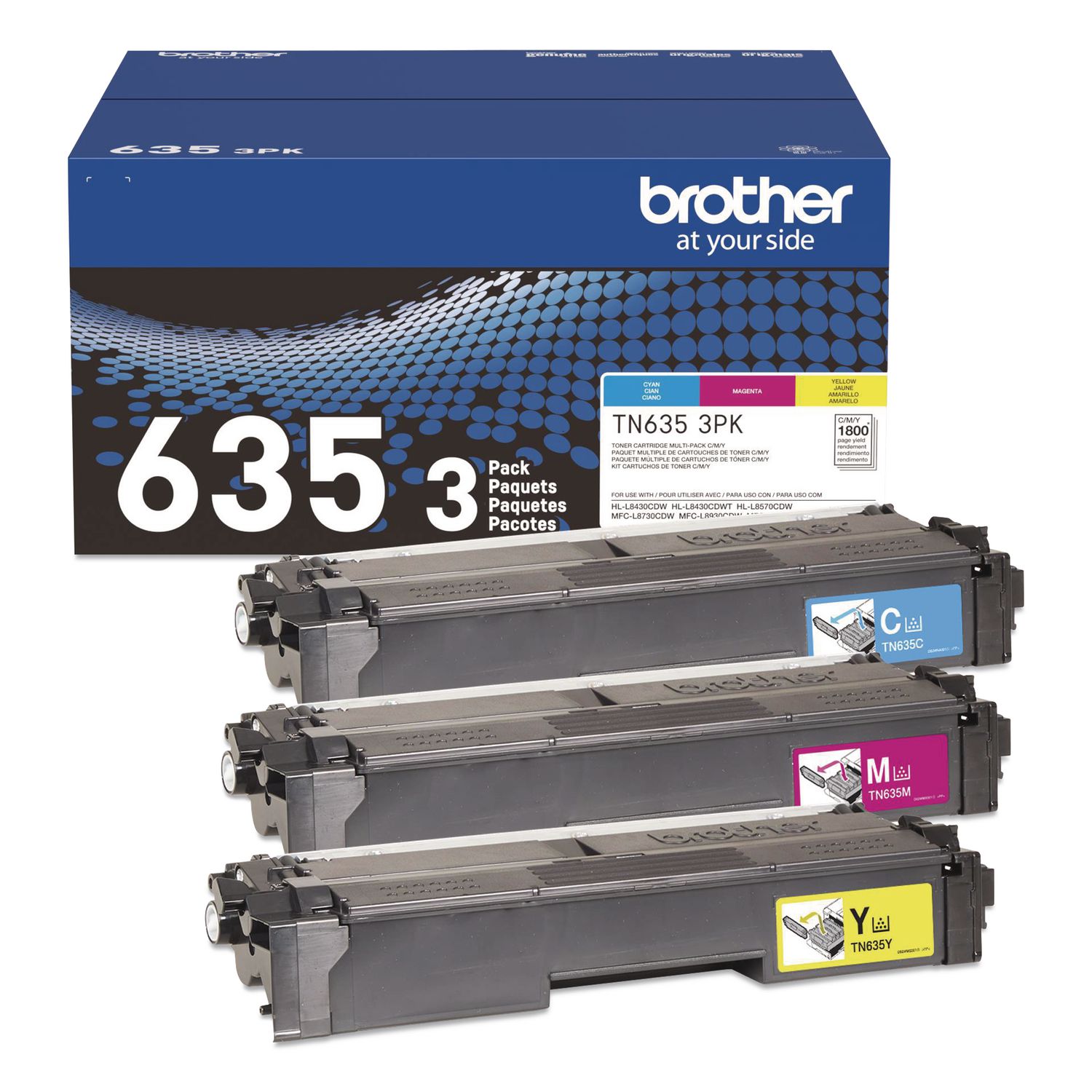 TN635 Toner, 1,800 Page-Yield, Cyan/Magenta/Yellow, 3/Pack