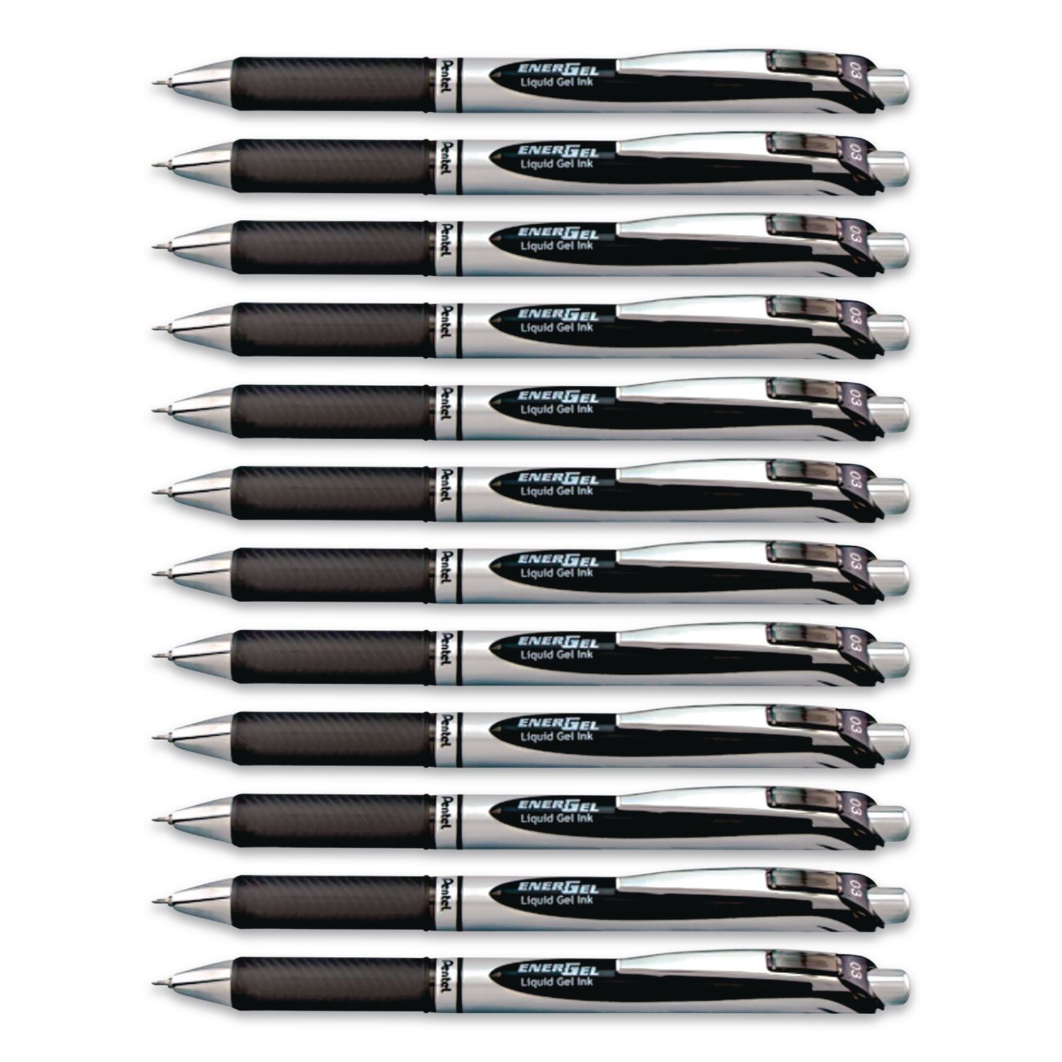 EnerGel RTX Gel Pen, Retractable, Extra-Fine 0.3 mm, Black Ink, Black/Silver Barrel, Dozen