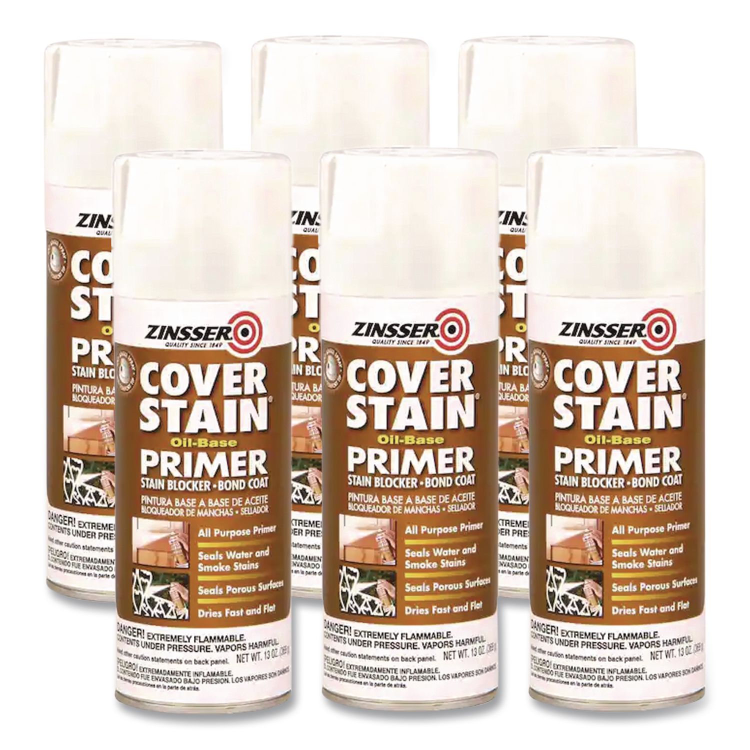 Cover Stain Oil-Based Spray Primer, Interior/Exterior, Flat White, 13 oz Aerosol Can, 6/Carton
