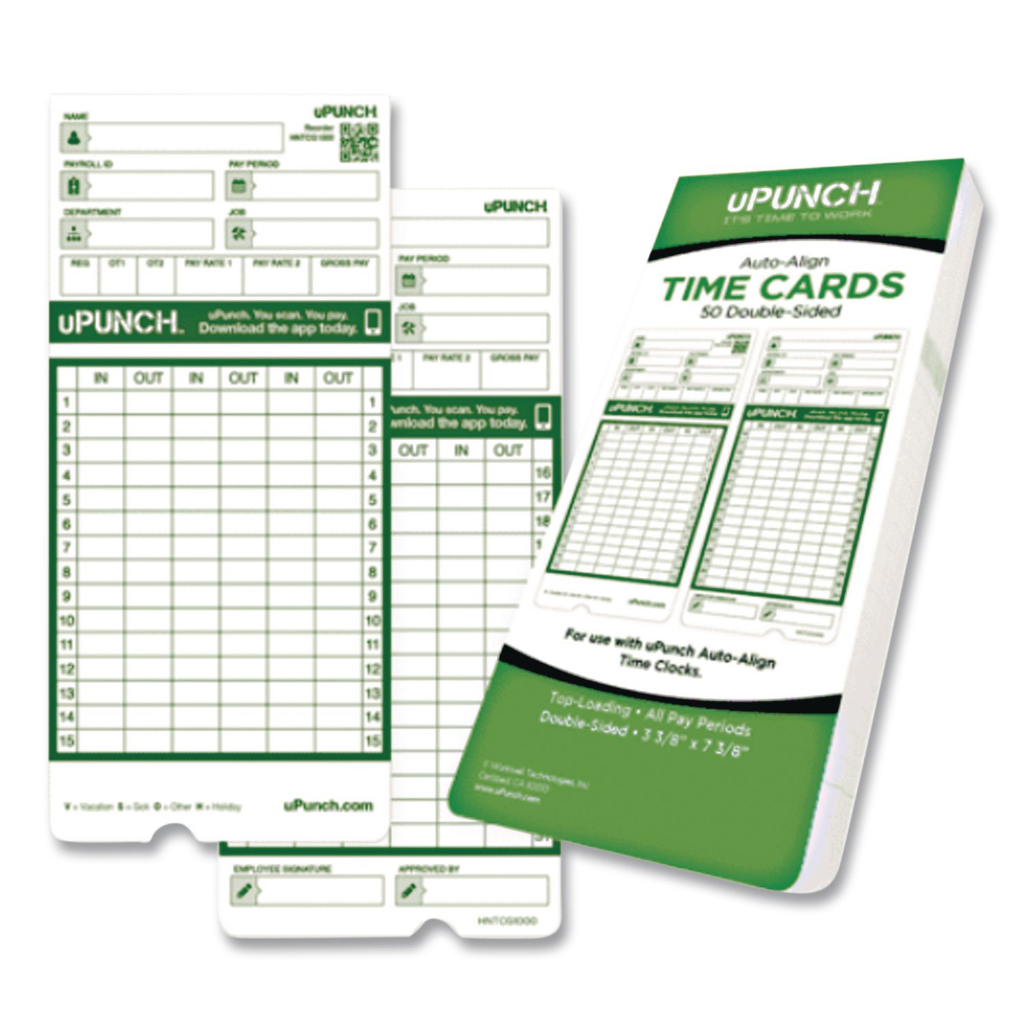 Time Clock Cards for uPunch HN3000, Two Sides, 7.37 x 3.37, 50/Pack
