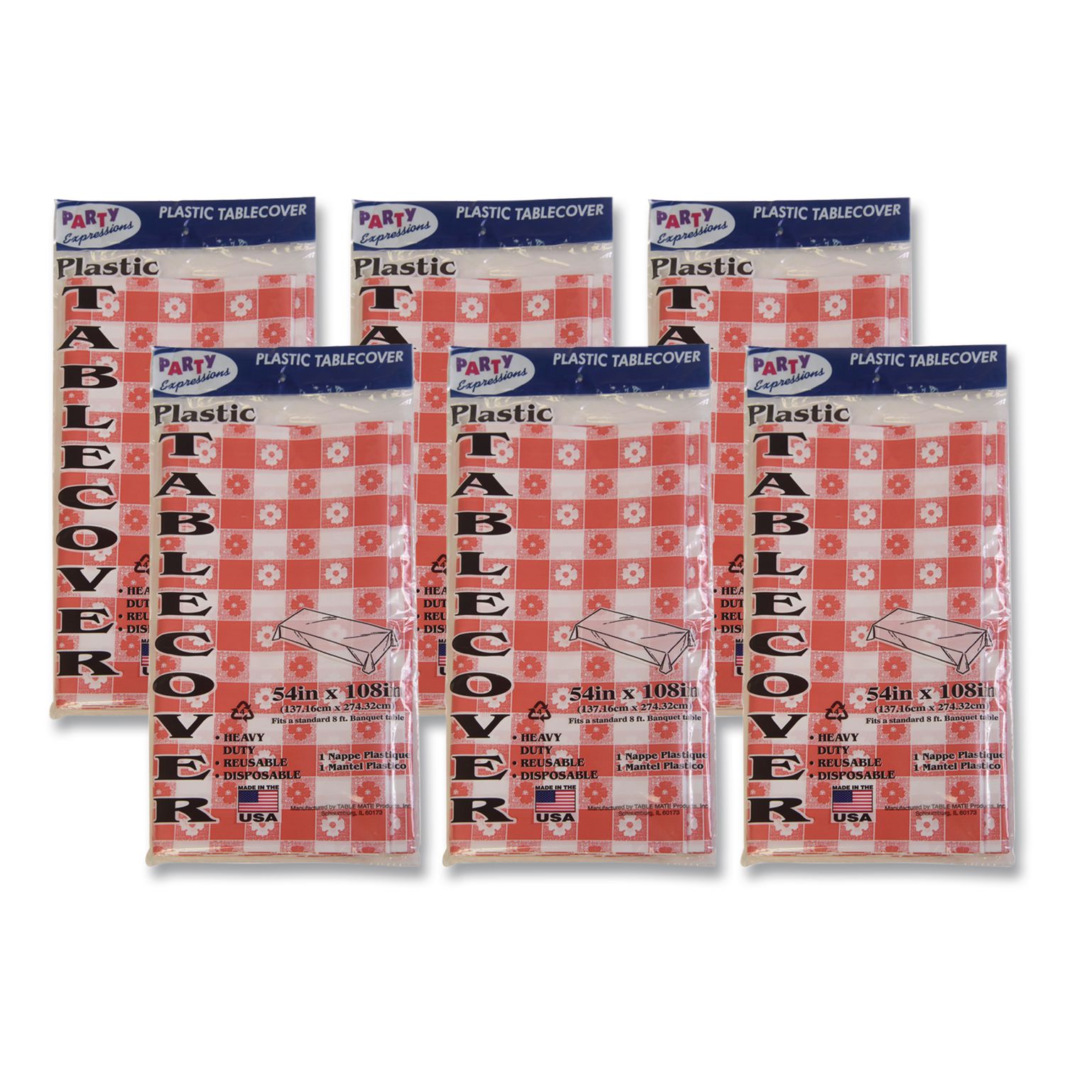 Table Set Rectangular Table Covers, Heavyweight Plastic, 54" x 108", Plaid Red/White, 6/Pack