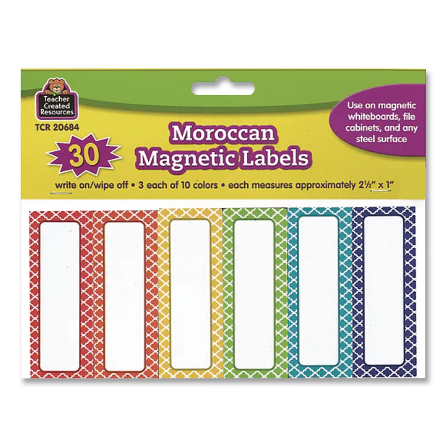Moroccan Magnetic Labels, 10 Assorted Colors, 2.5" x 1", 30/Pack