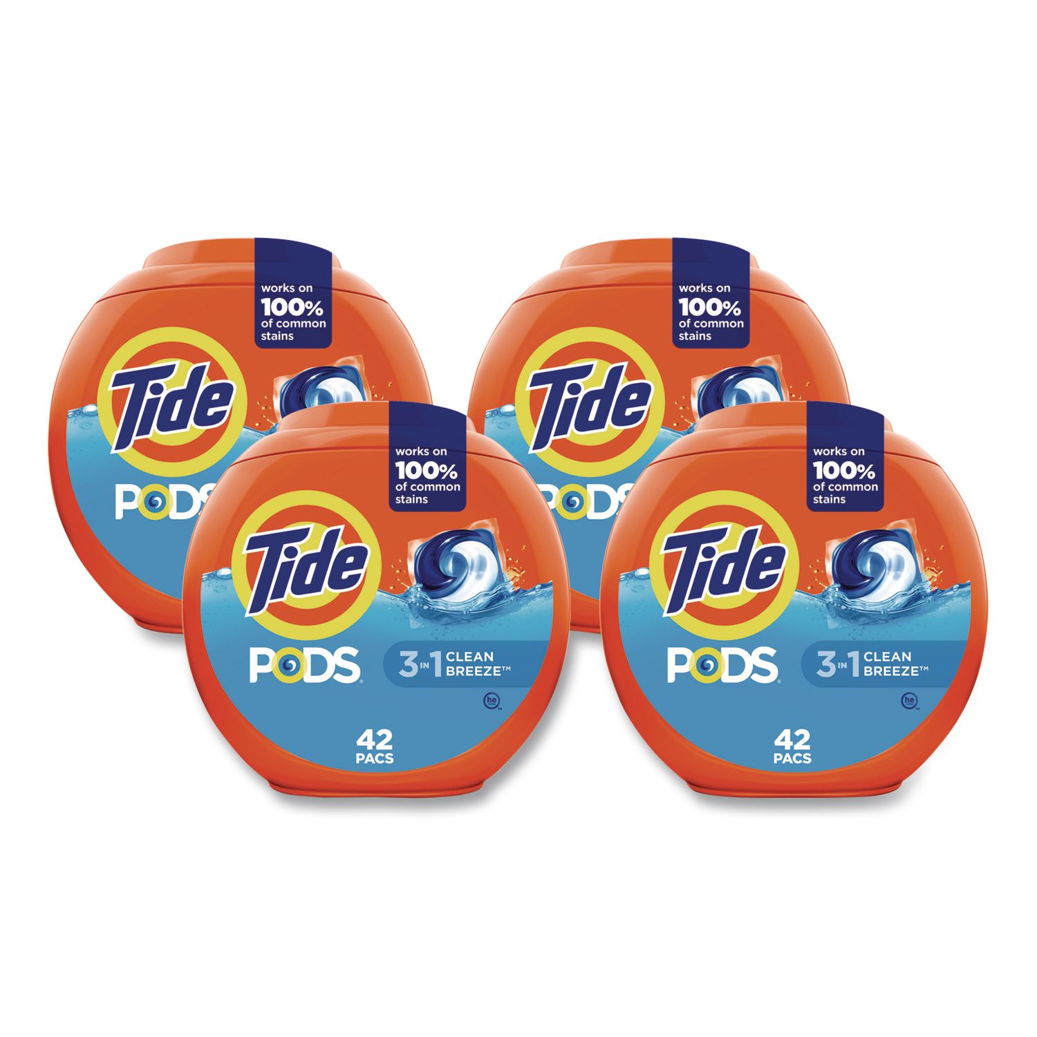 PODS Laundry Detergent, Clean Breeze, 36 oz Tub, 42 Pacs/Tub, 4 Tubs/Carton