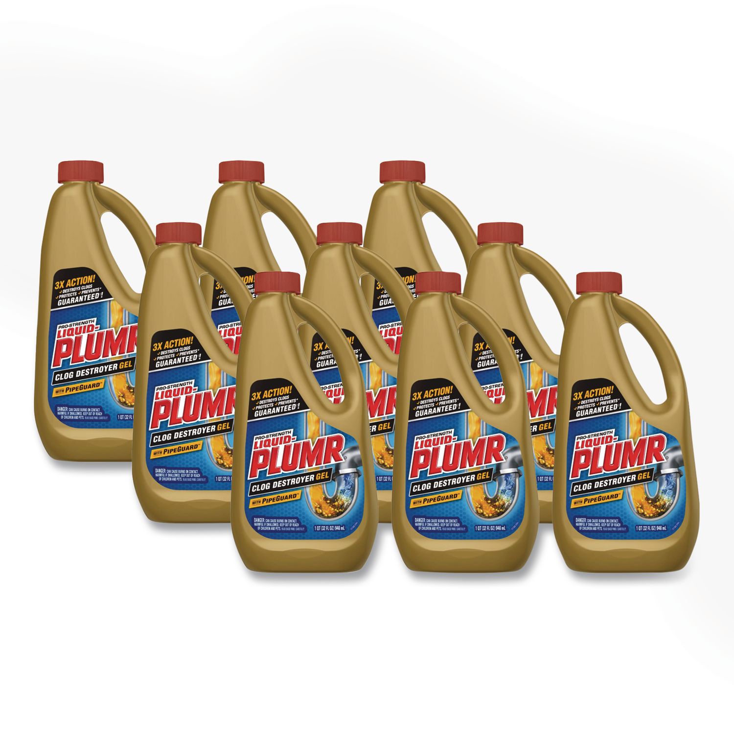 Pro-Strength Full Clog Destroyer Plus PipeGuard, 32 oz Bottle, 9/Carton