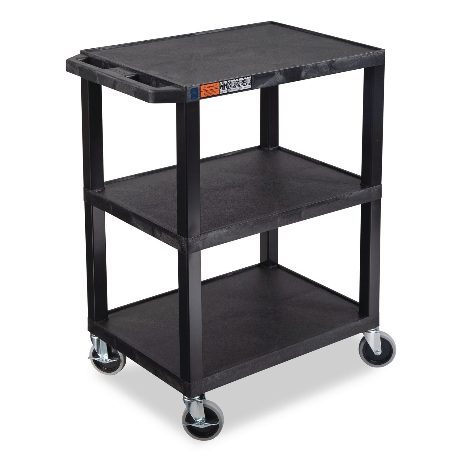 TUFFY Three-Shelf Multipurpose Utility Cart, Plastic, 300 lb Capacity, 26.5" x 18.5" x 34", Black