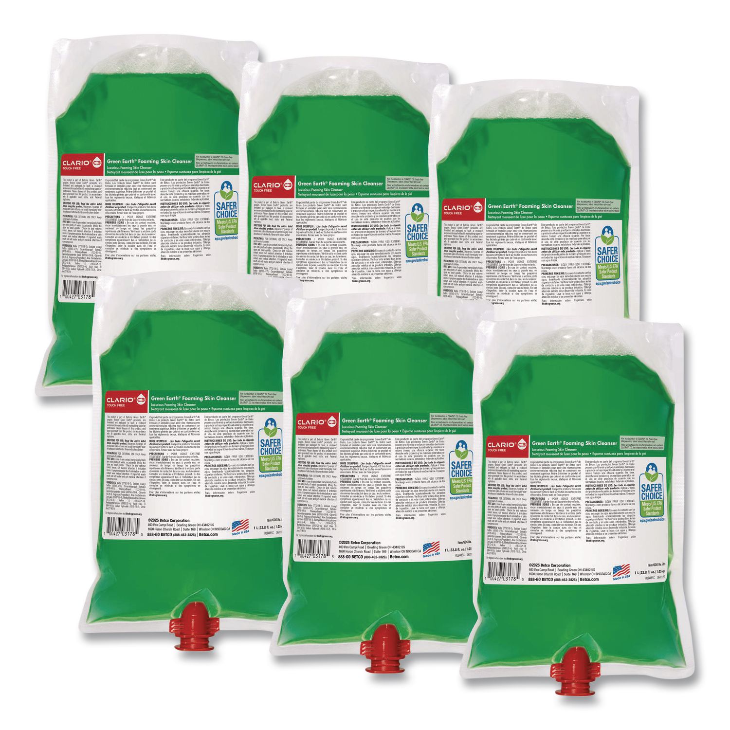 Clario C3 Touch Free Green Earth Foaming Skin Cleanser, Fresh Meadow, 1,000 mL Refill Bag, 6/Carton