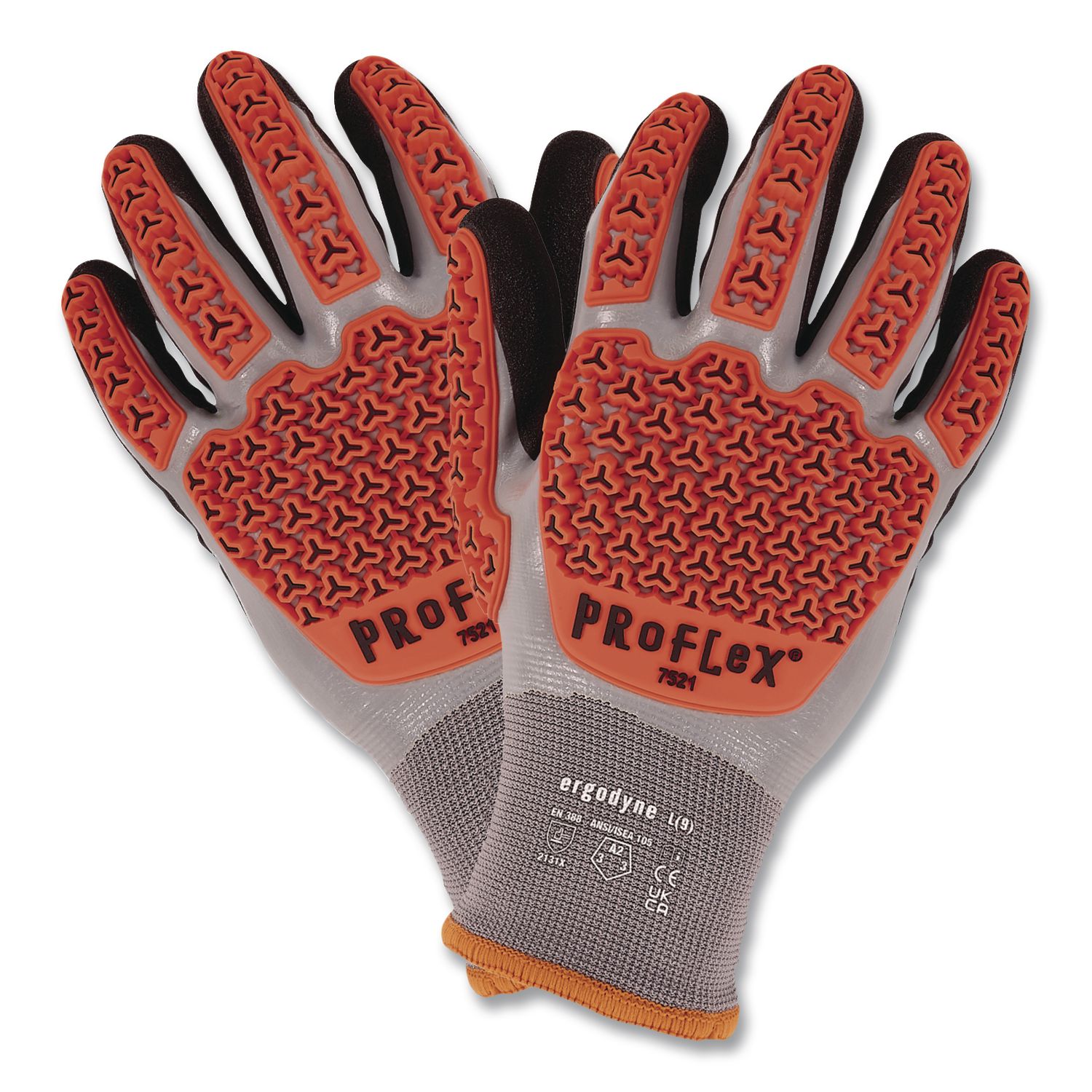ProFlex 7521 Thermal Coated Impact-Resistant Gloves, EN388:2131X, 7.5" Long, 3X-Large (12), Gray/Black/Orange, Pair