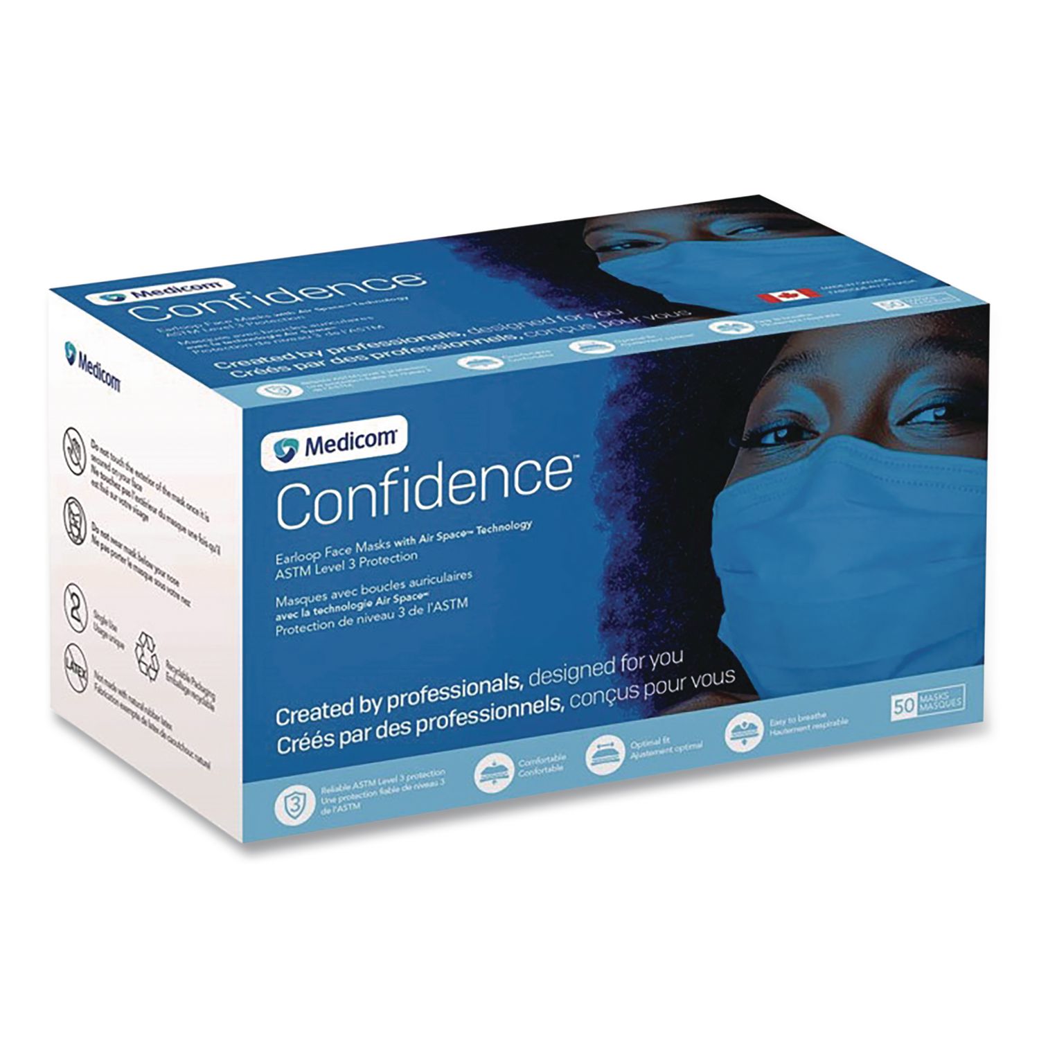 Medicom Confidence Ear Loop Face Mask with Air Space Technology, Polypropylene, One Size Fits Most, 50/Box,10 Boxes/Carton