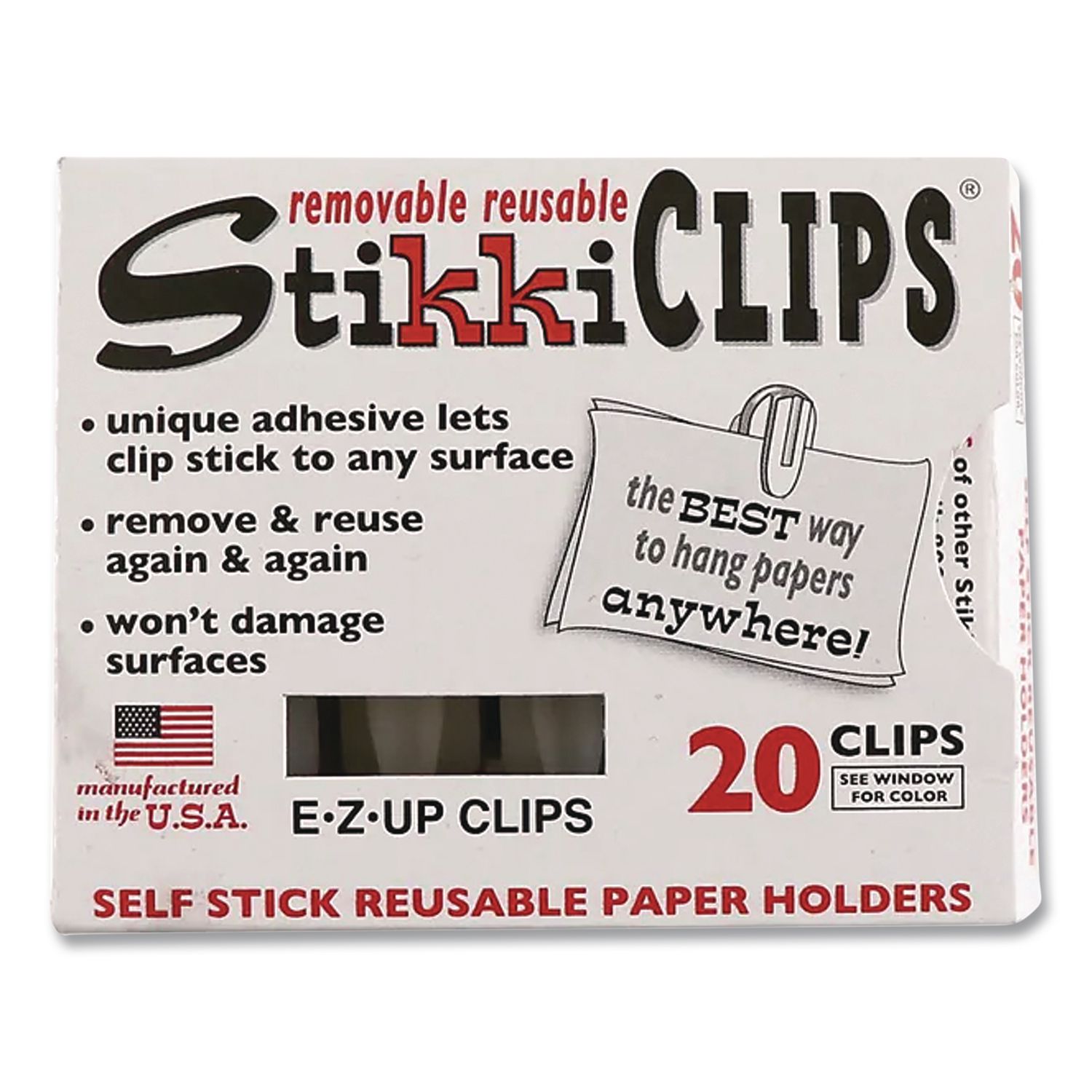 StikkiCLIPS, Adhesive Back, 40 Sheet Capacity, White, 20/Pack