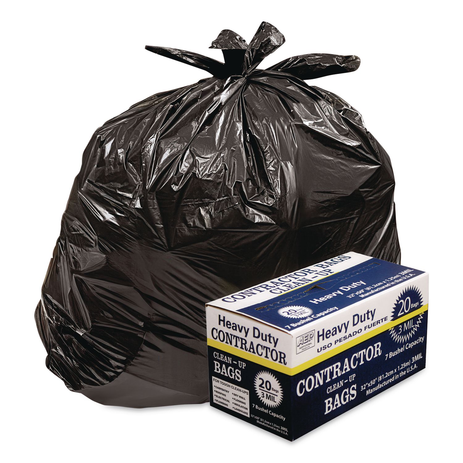Heavy-Duty Contractor Clean-Up Bags, 60 gal, 3 mil, 32" x 50", Black, 20/Carton