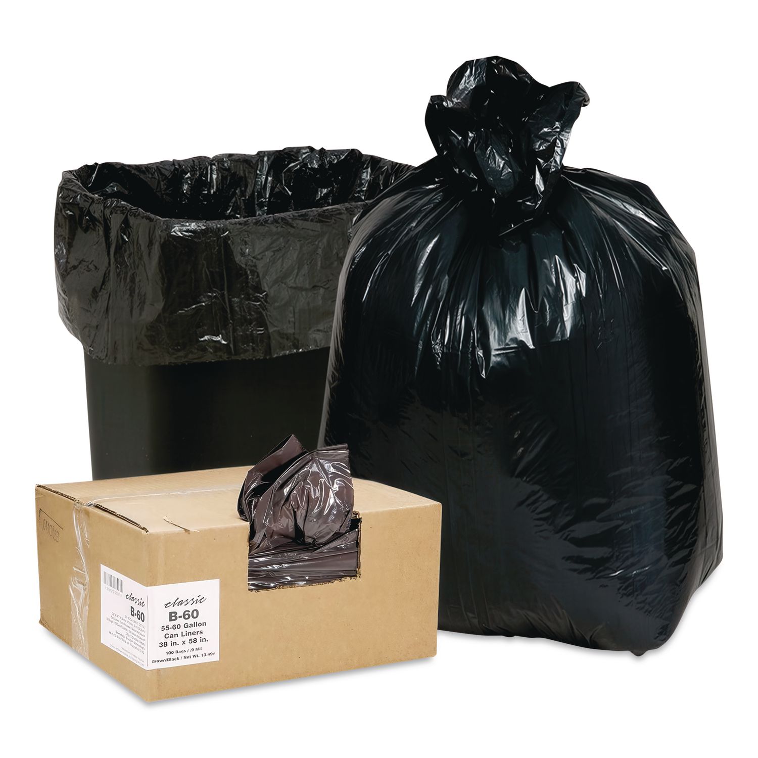 Linear Low-Density Can Liners, 60 gal, 0.9 mil, 38 x 58, Black, 10 Bags/Roll, 10 Rolls/Carton