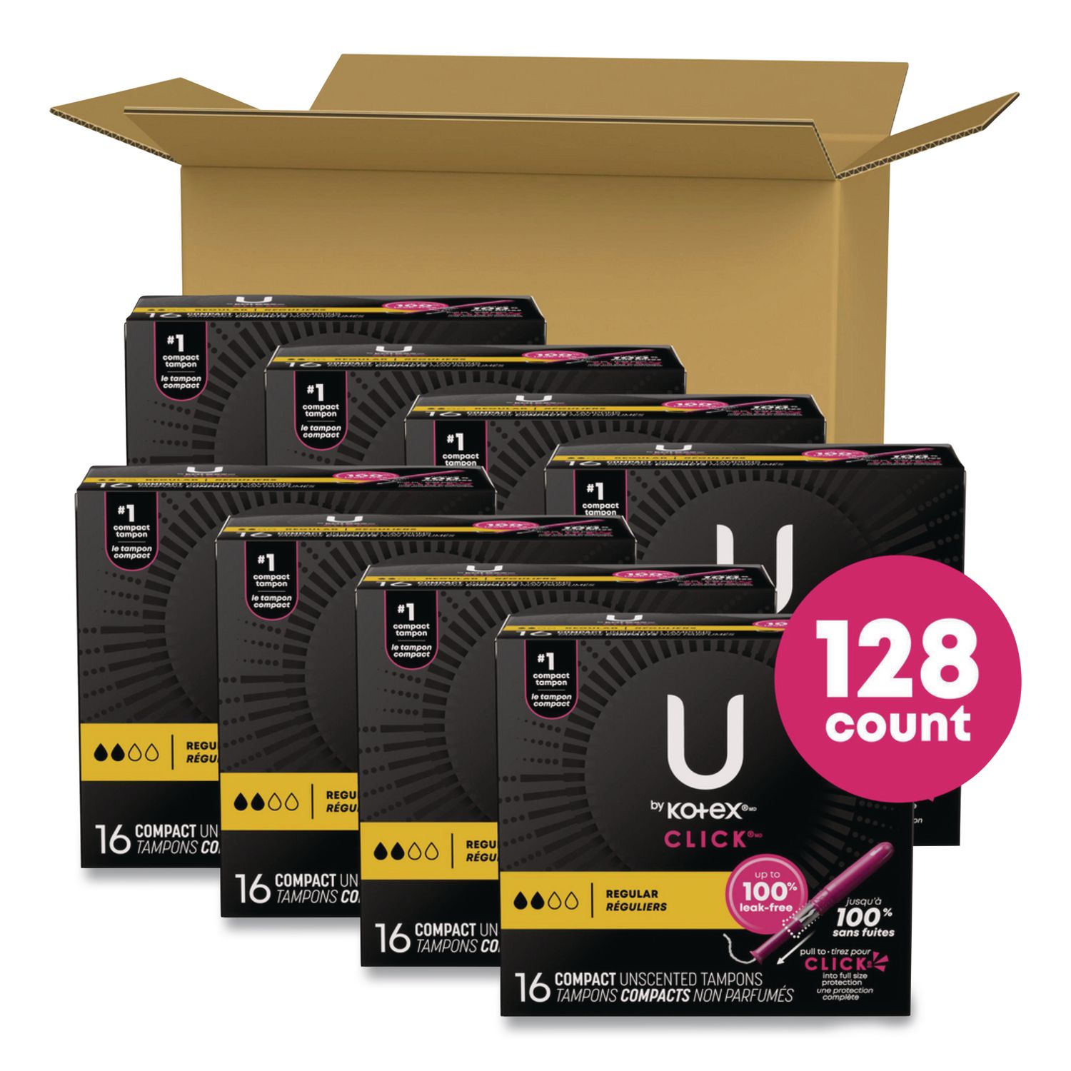 U by Kotex Click Compact Tampons, Regular Absorbency, 16/Pack, 8 Packs/Carton