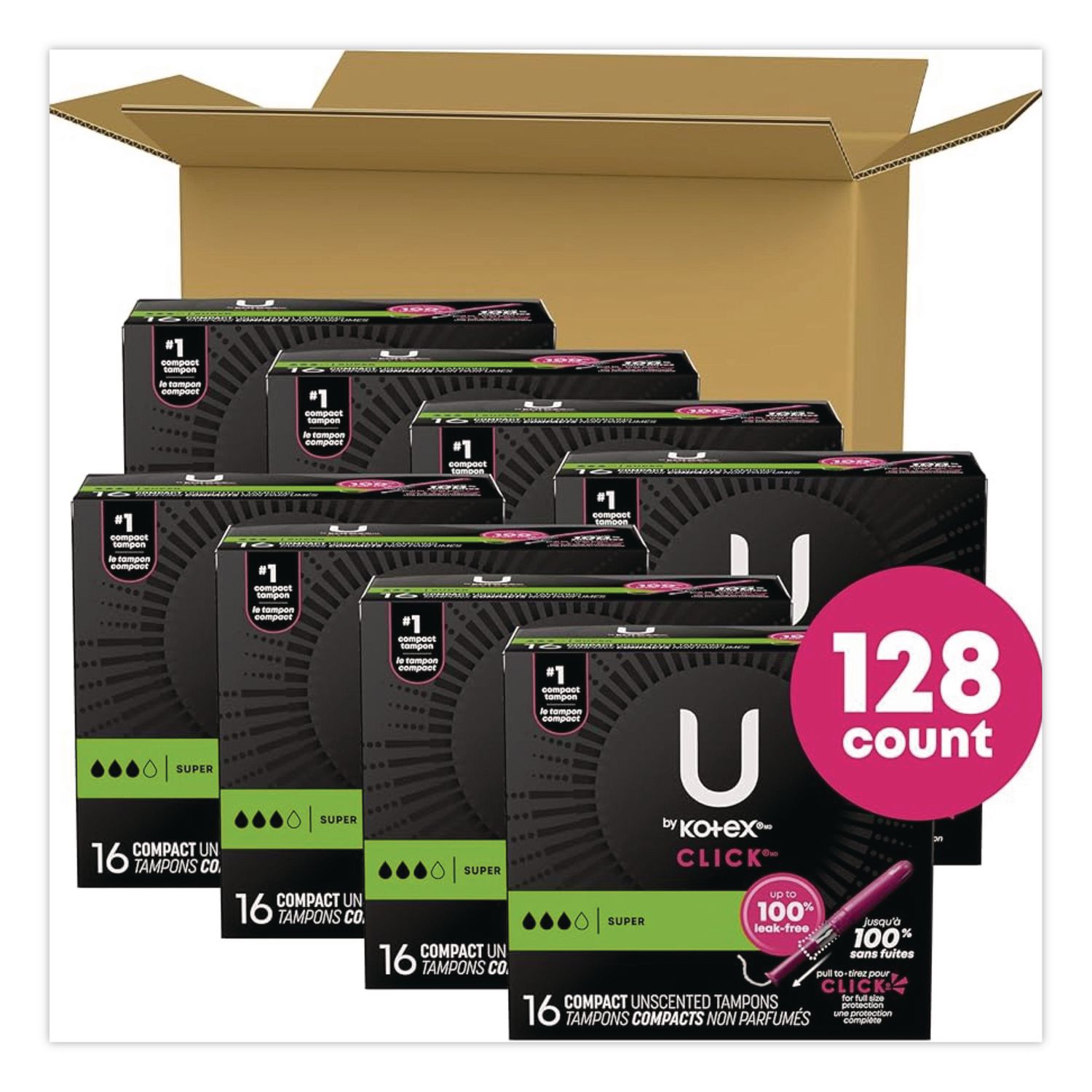 U by Kotex Click Compact Tampons, Super Absorbency, 16/Pack, 8 Packs/Carton