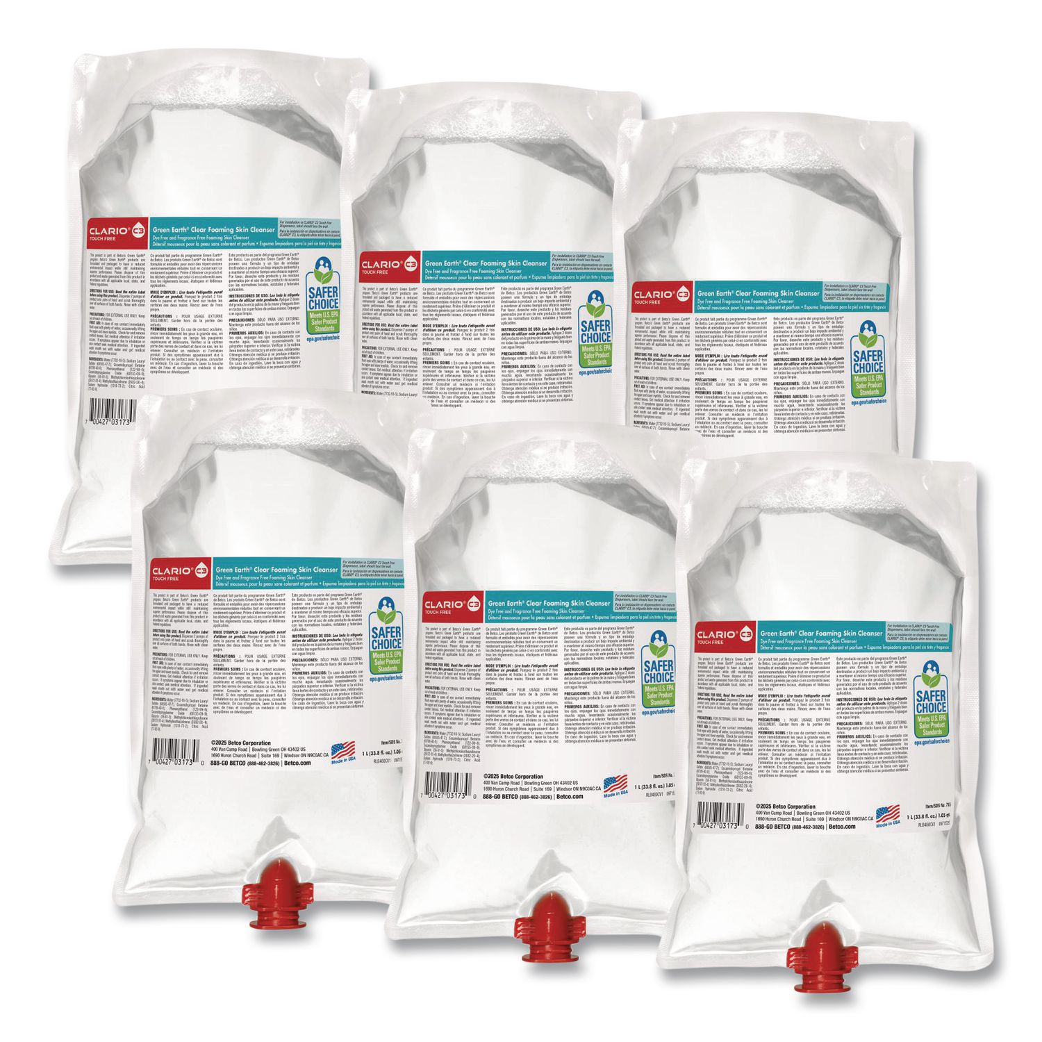Clario C3 Green Earth Clear Foaming Skin Cleanser, Unscented, 33.8 oz Bag, 6/Carton