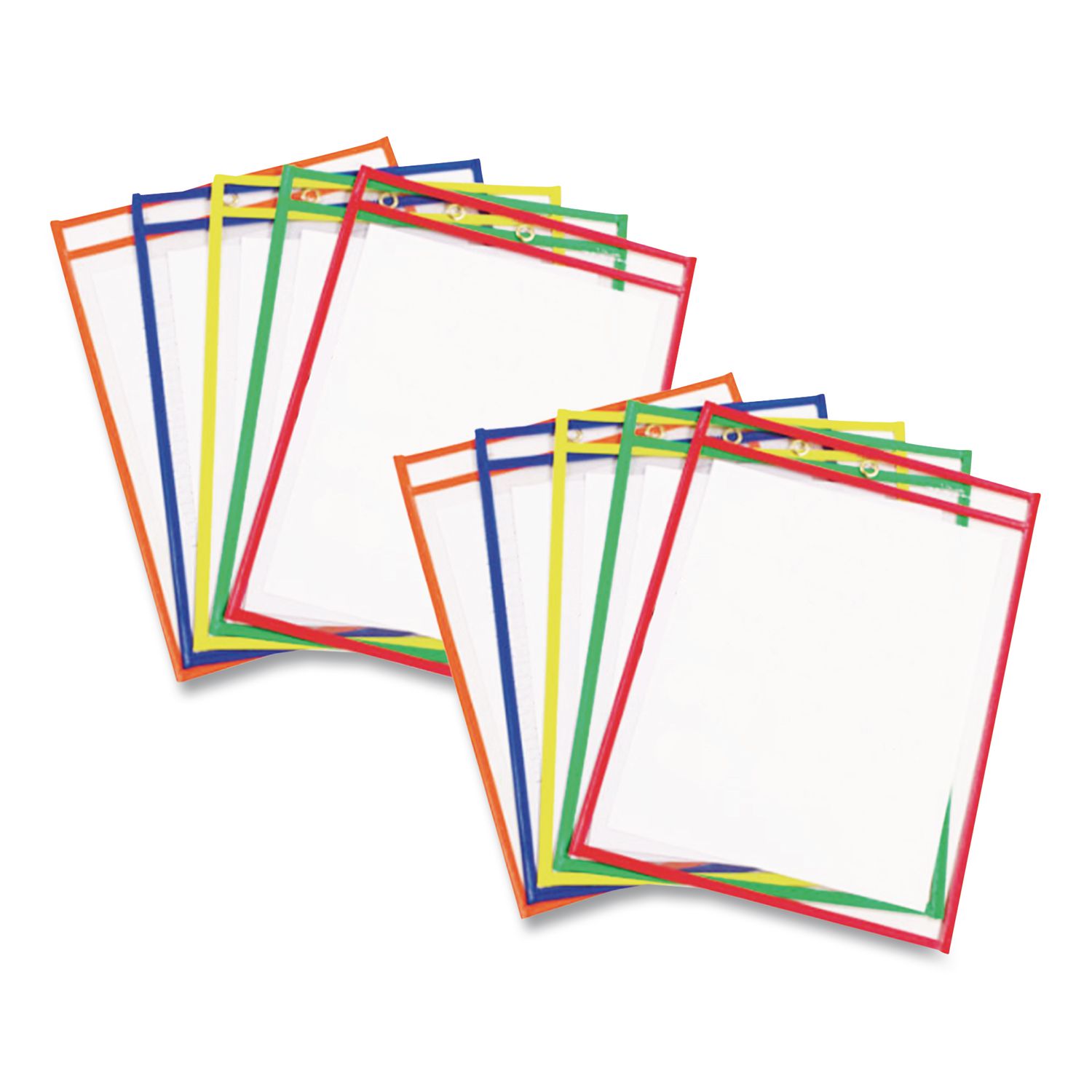 Reusable Dry Erase Pockets, Super Heavy-Duty, Top Load 9 x 12 Insert, Clear Front, Assorted Border Colors, 10/Pack