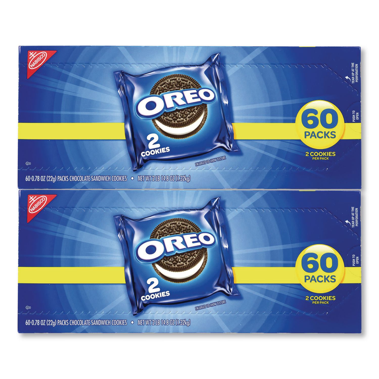 Oreo Chocolate Sandwich Cookies, Chocolate, 2 Cookies/Packet, 60 Packets/Box, 2 Boxes/Carton