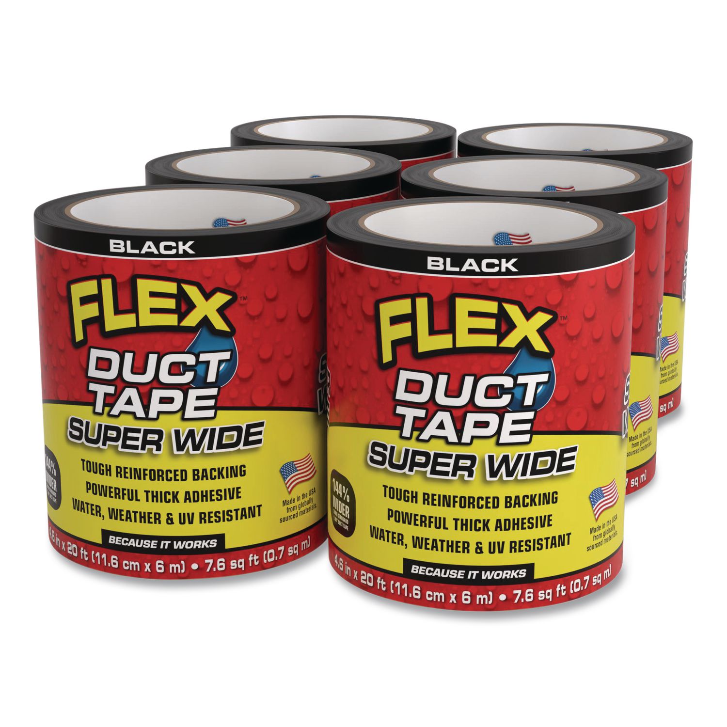 Flex Super Wide Duct Tape, 4" Core, 39 mil Thick, 4.6" x 20 ft, Black, 6/Carton