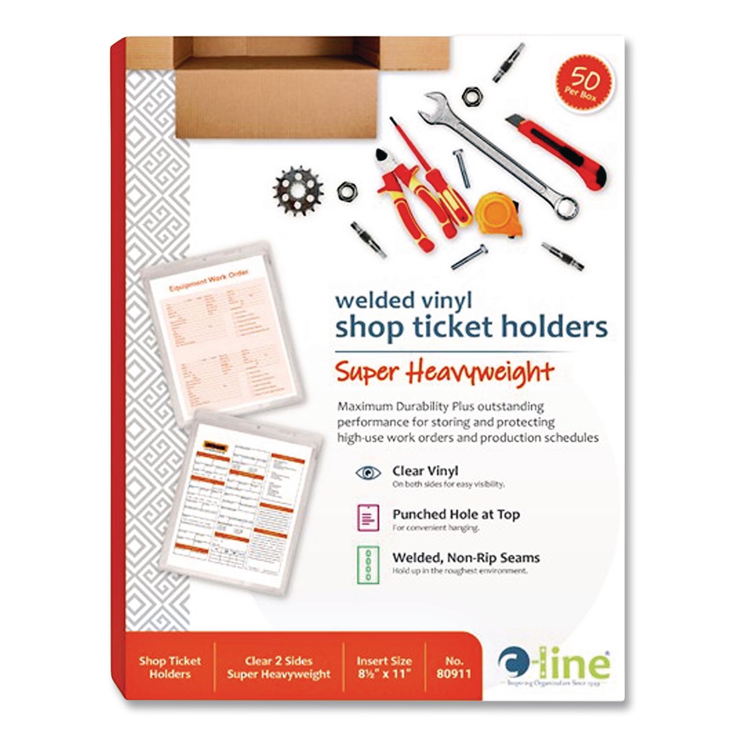 Clear Vinyl Shop Ticket Holders, Super Heavy-Duty, Top Load 8.5 x 11 Insert, Clear Front, 50/Box