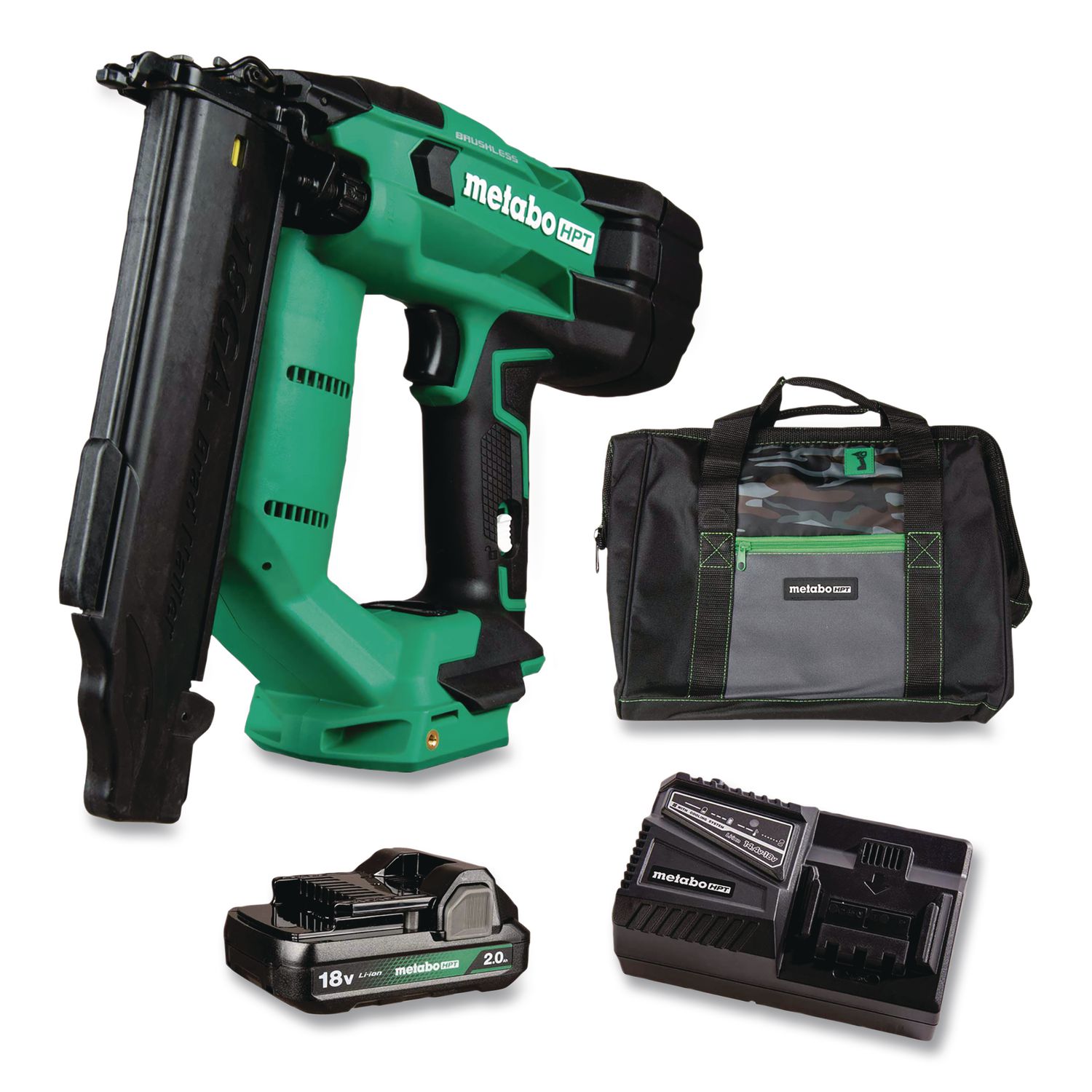 18V Brushless Lithium-Ion Compact 18 ga Cordless Brad Nailer Kit (2 Ah), 5/8" to 2" Nails, Green/Black