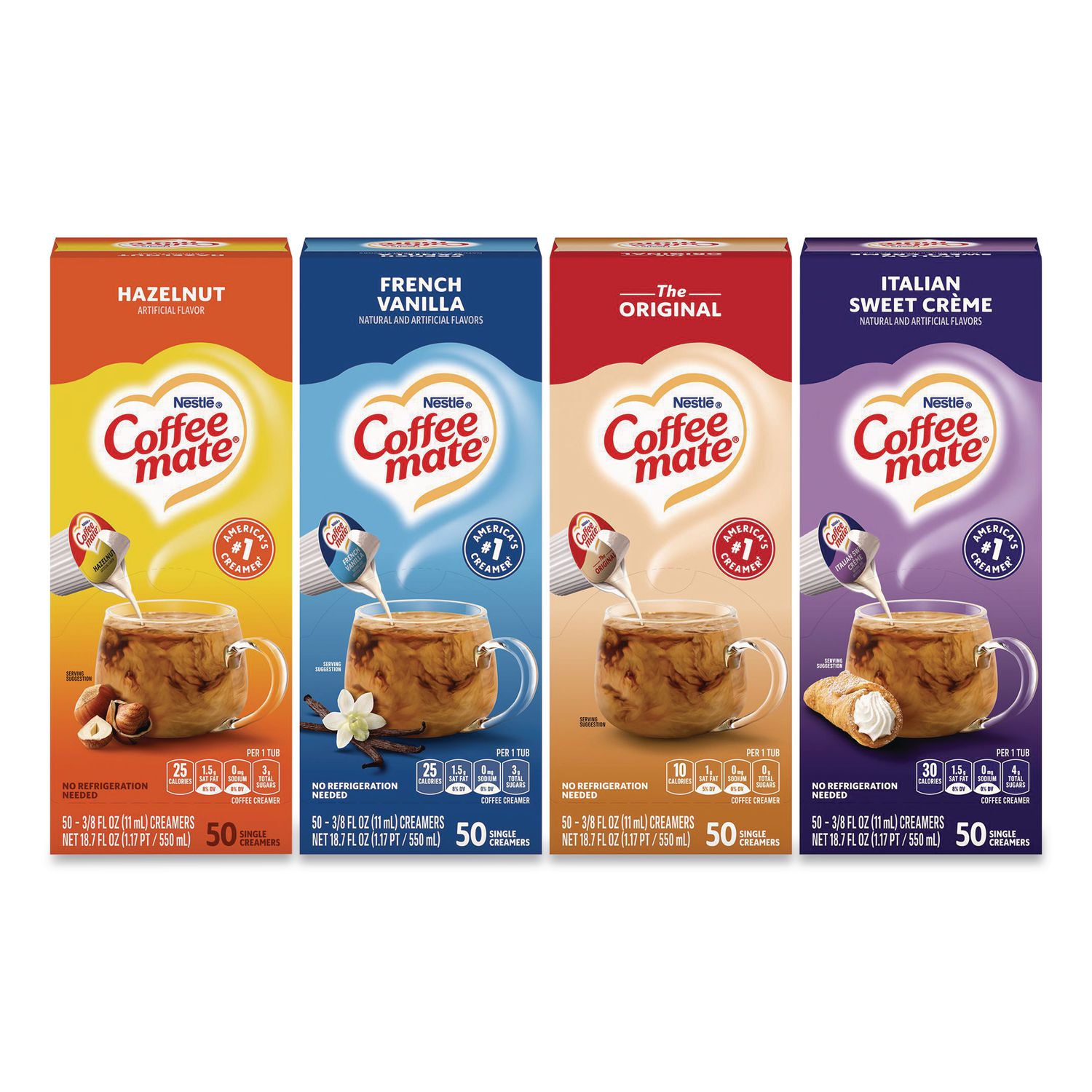 Liquid Coffee Creamer, French Vanilla/Hazelnut/Italian Sweet Creme/Original, 0.38 oz Mini Cups, 200/Carton