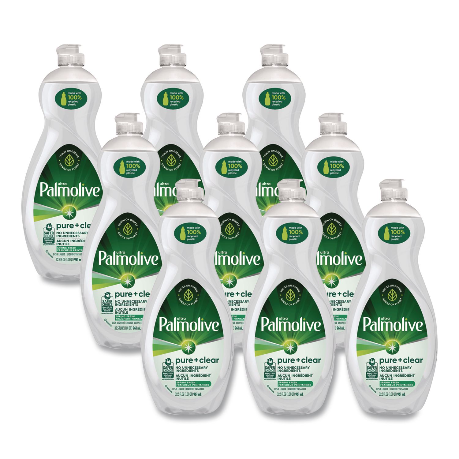 Pure + Clear Dishwashing Liquid, Spring Fresh Scent, 32.5 oz Bottle, 9/Carton